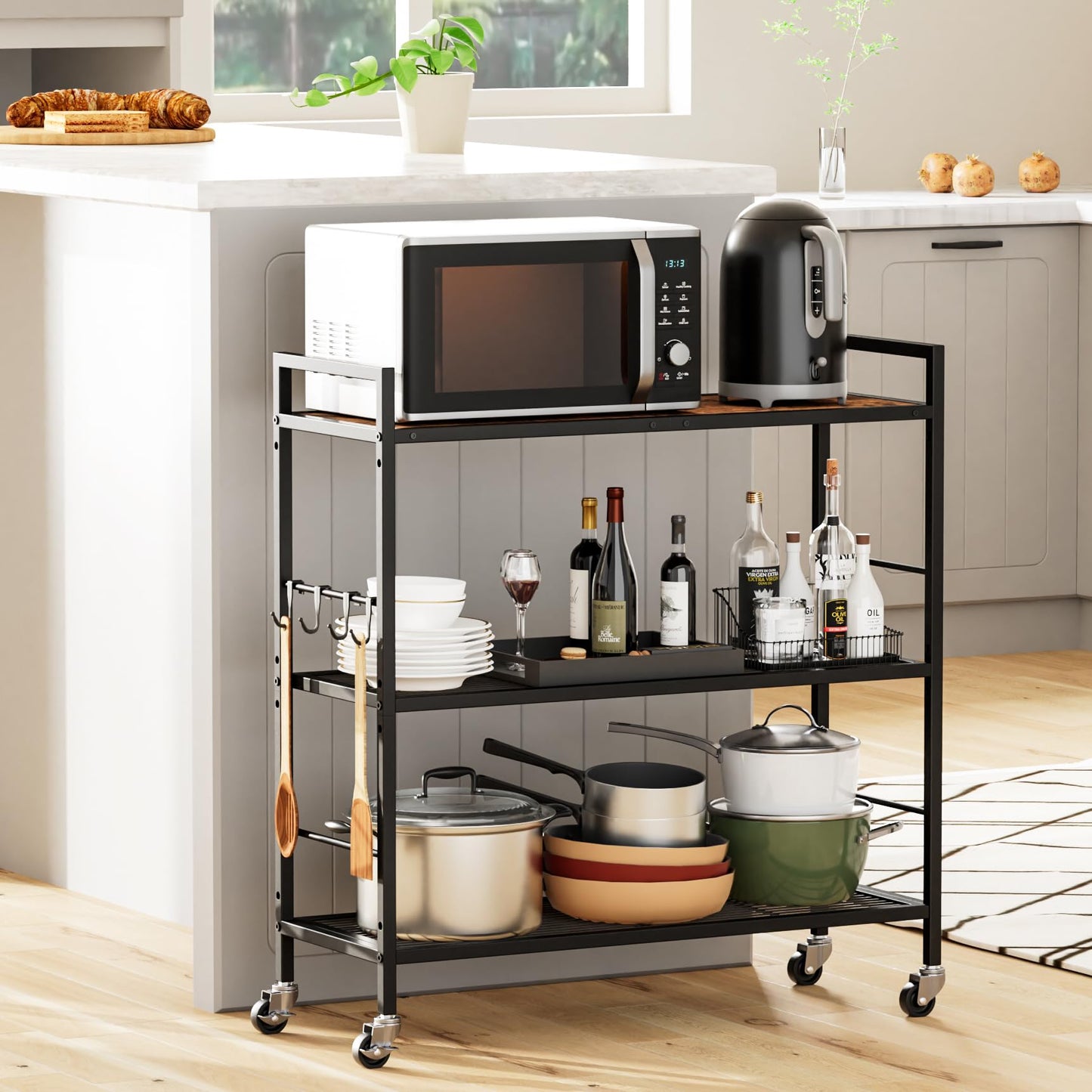 XIVIRACK 3-Tier Metal Storage Rack with Industrial Wheels,Mesh Shelving Unit with Wooden Table top,Adjustable Shelf,31.5-Inch Width, for Kitchen, Laundry,Pantry,Plant,Black