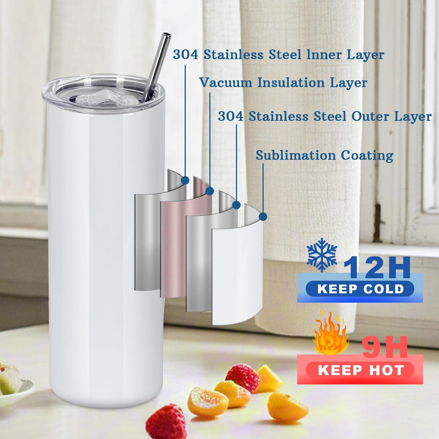 oaptuza 12 Pack 20 OZ Sublimation Tumblers Bulk, Skinny Straight White Sublimation Cups, Stainless Steel Double Wall Insulated Tumbler for Heat Transfer, Individually Boxed