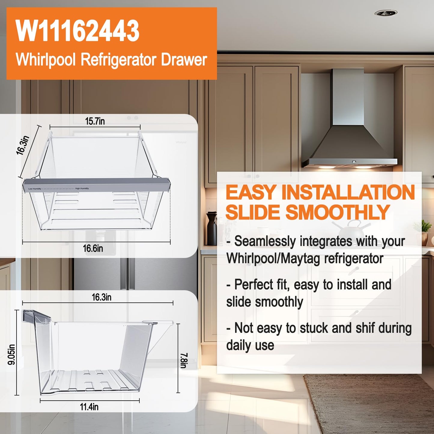 UPGRADED W11162443 Refrigerator Crisper Drawer Compatible with Whirlpool Fridge Drawer Replacement Parts Whirlpool Refrigerator Drawers WRS315SDHZ02 WRS315SDHZ05 WRS315SDHZ08 WRS325SDHZ08 WRS321SDHZ08