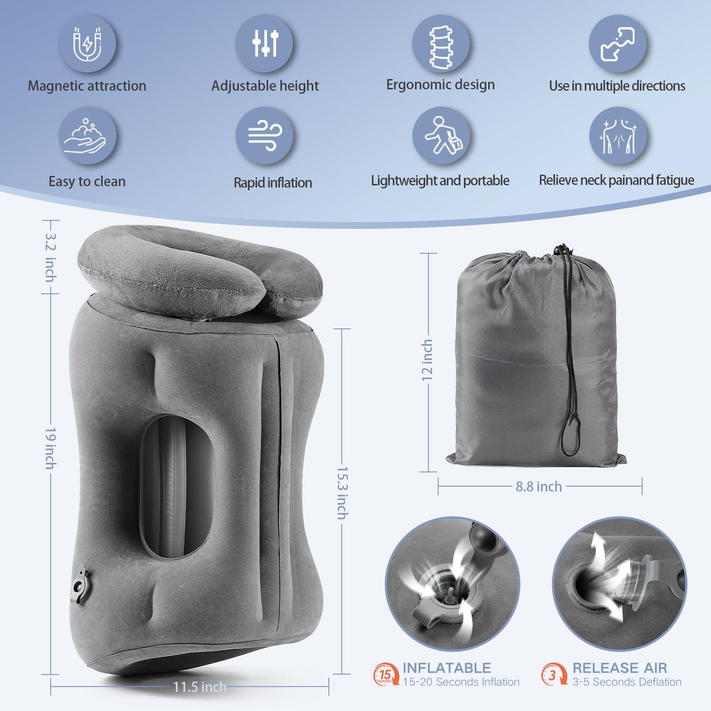 Werfeito 2-in-1 Magnetic Design Inflatable Travel Pillow, Ergonomic Neck Support Airplane Pillow for Flying, Compact Camping Pillow with Storage Bag for Home Nap & Car Travel (Grey)