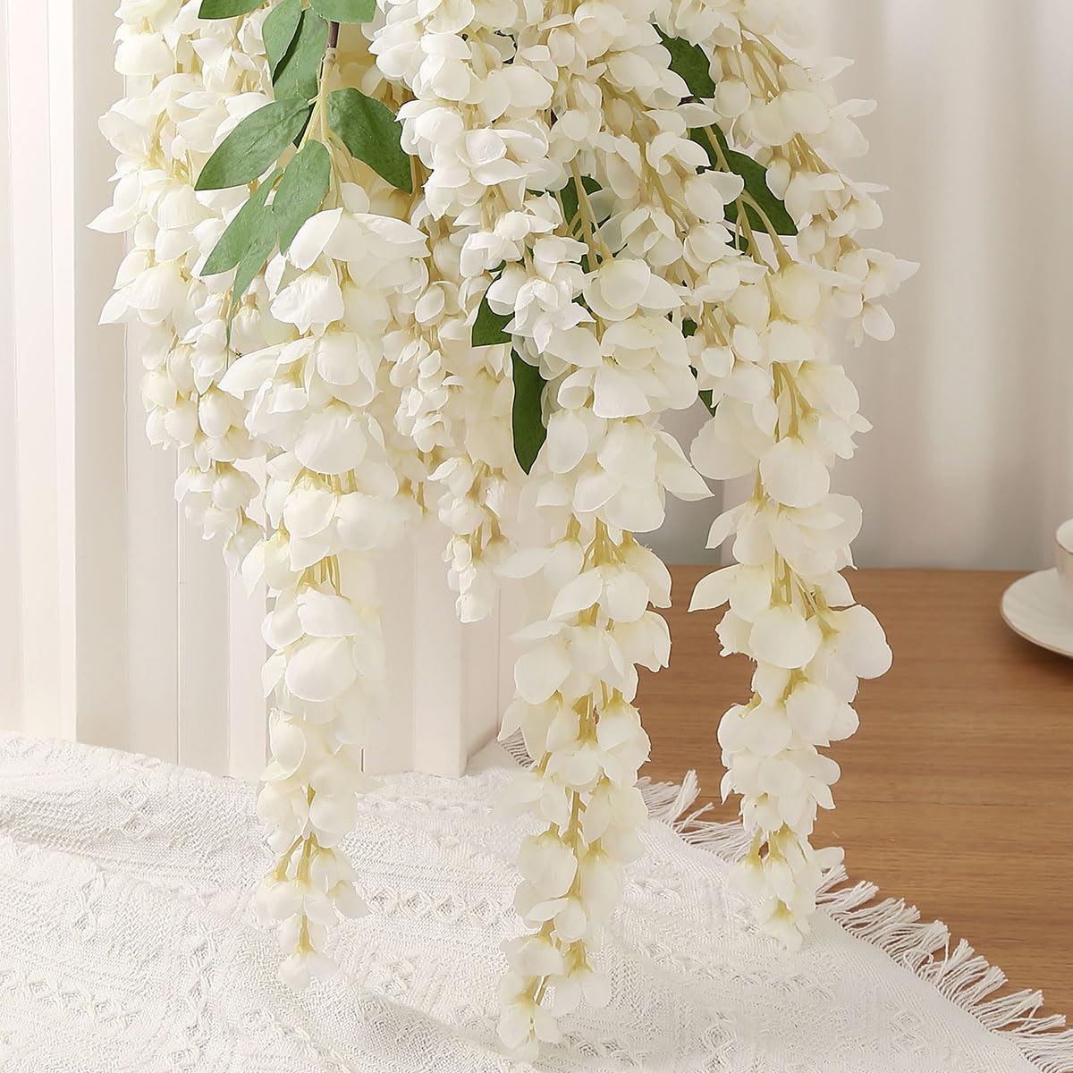 AROIUO 4pcs 47.2-inch Artificial Fake Wisteria Hanging Flower Garland Silk Flower String Home Party Decoration White Blue Pink Purple (White)