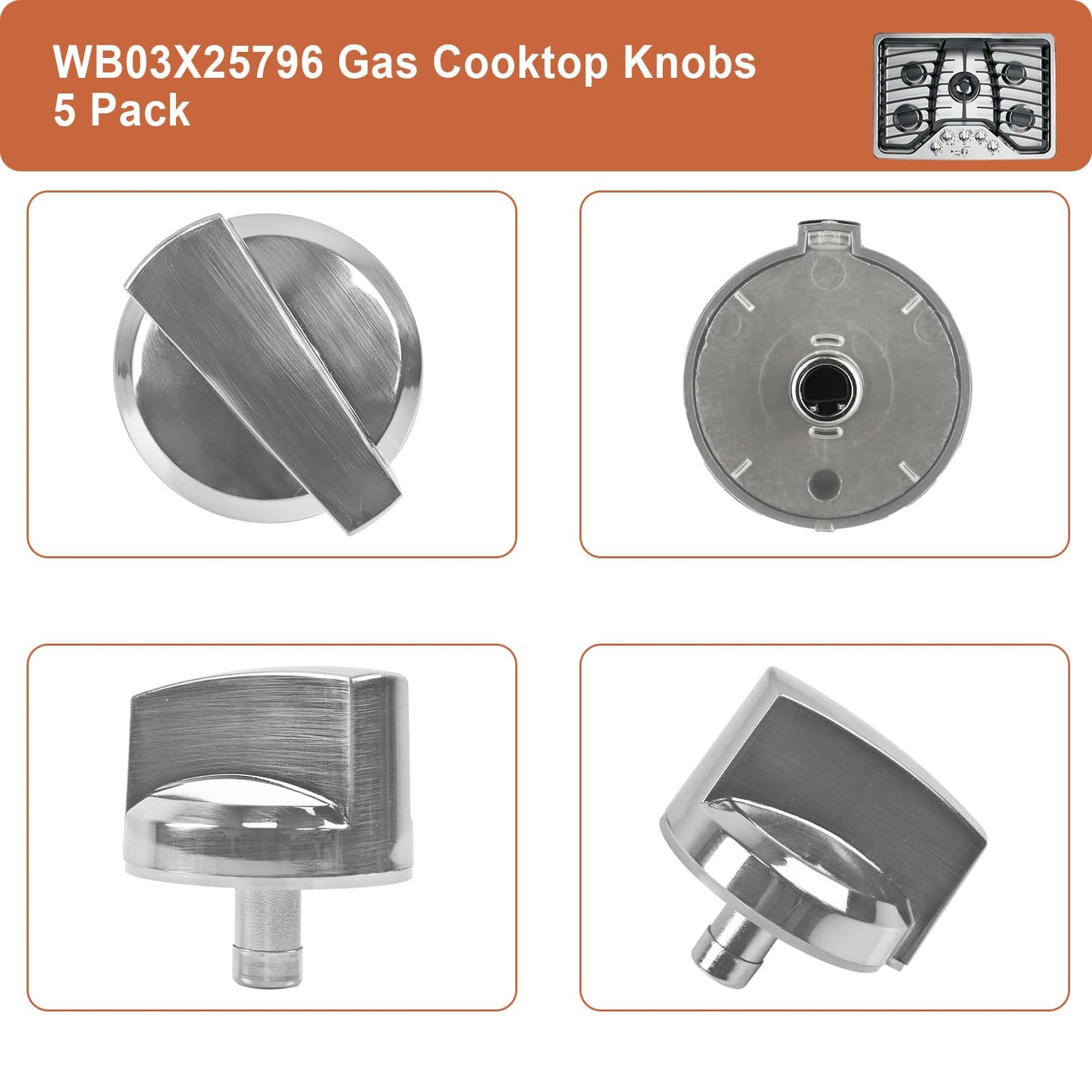WB03X25796 Gas Cooktop Knob Fits for GE Stove Knobs, Fit Model PGP953SET1SS PGP986SET1SS PGP976SET2SS PGP959SET4SS - Replaces WB03T10326 AP5986232 PS11721433 4362262 Burner Range Knob - 5-Pack