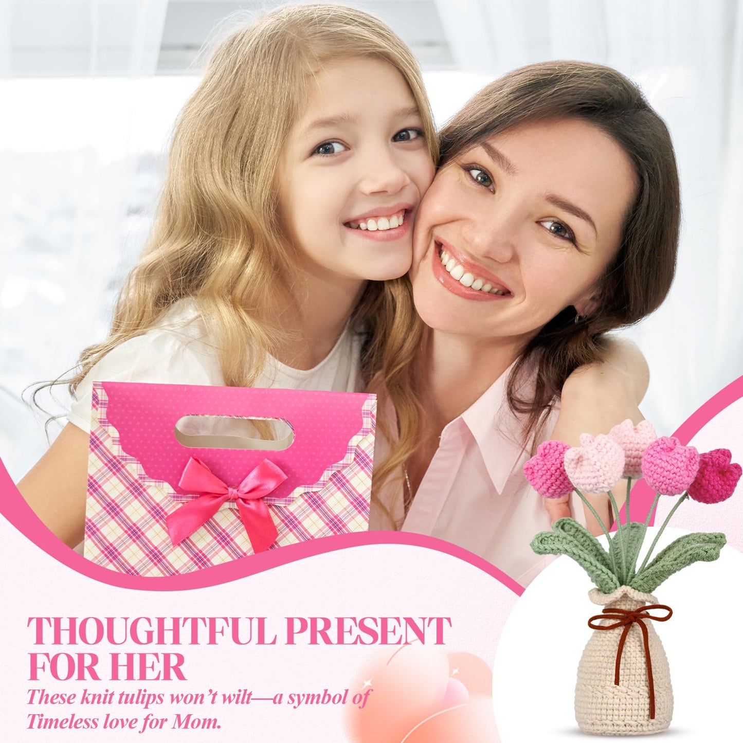 Marsui Crochet Knitting Tulip Bouquet with Vase 7" Knitted Artificial Forever Tulip Handmade Woven Flower with Exquisite Pot Gift for Father's Gifts Back to School Gift Family Home Desk Decor(Pink)
