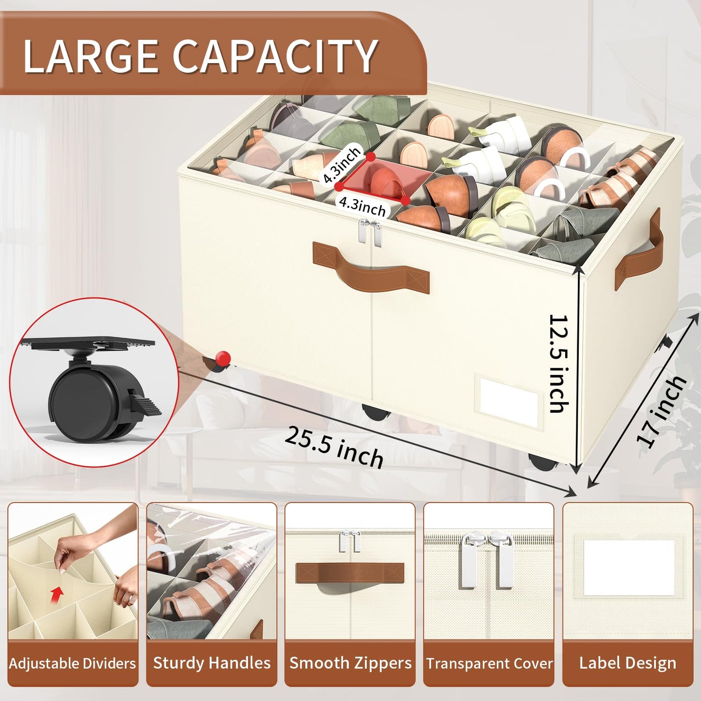 Foyego Shoe Organizer for Closet, Shoe Storage Organizer with Wheels and Adjustable Dividers, Stackable Shoe Storage Box with Clear Cover, Foldable Closet Shoe Organizer Fits up to 24-48 Pairs, Beige