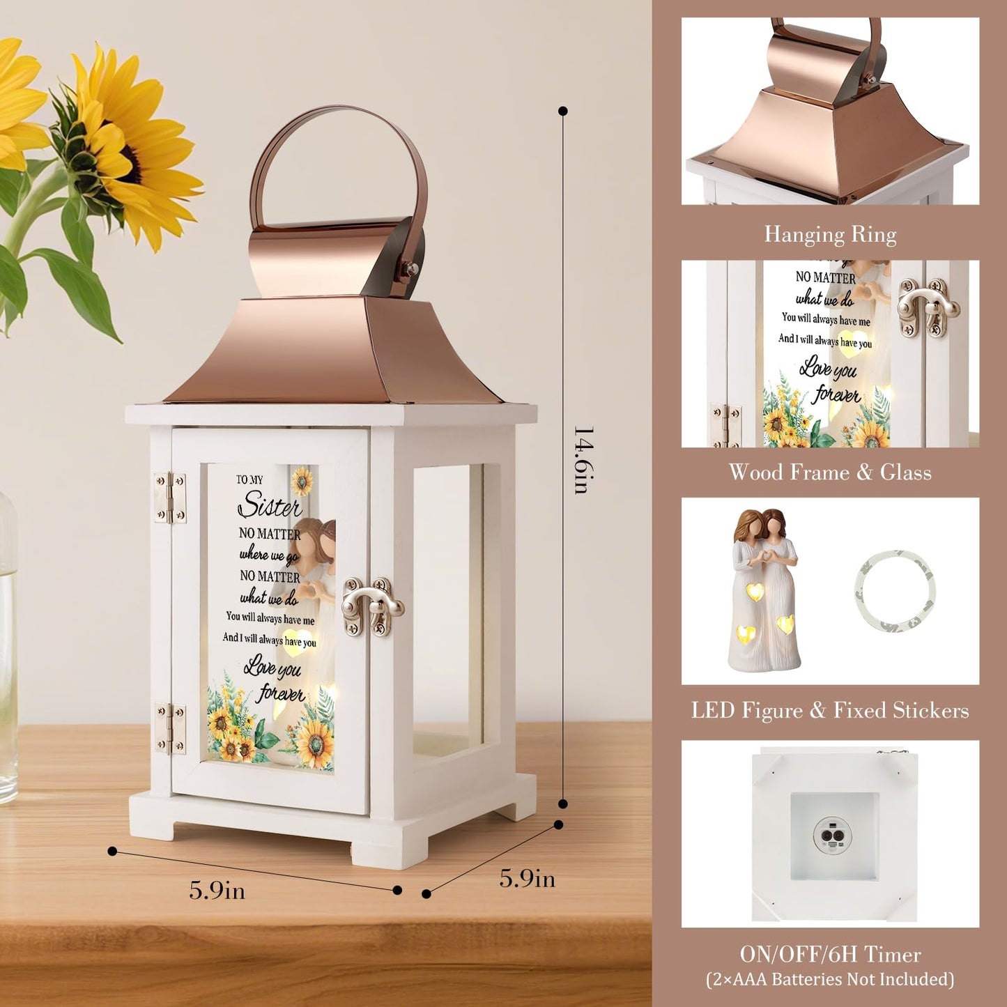 HugMemories Sister Birthday Gifts Lantern with Figure, Big Sister Gift from Sister, Unique Birthday Gifts for Sister, the Better Sister Gifts for Mother's day Thanksgiving Christmas Wedding, Sunflower