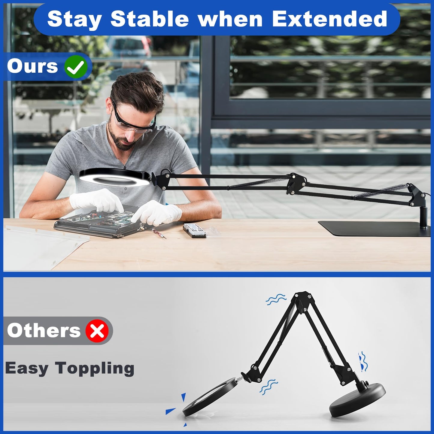 VvLons 15X Magnifying Glass with Light and Stand, 2-in-1 Lighted Magnifying Desk Lamp Dimmable Magnifier Lamp with Light and Clamp Long Arm 84PCS LED Beads Real Glass Lens for Work Close Work Hobby