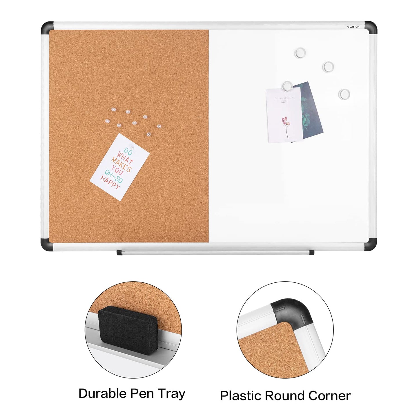 VUSIGN White and Cork Board Combination, 24" x 36" Dry Erase and Corkboard Combo for Home or Office, Wall Mounted Notice Bulletin With Aluminum Frame