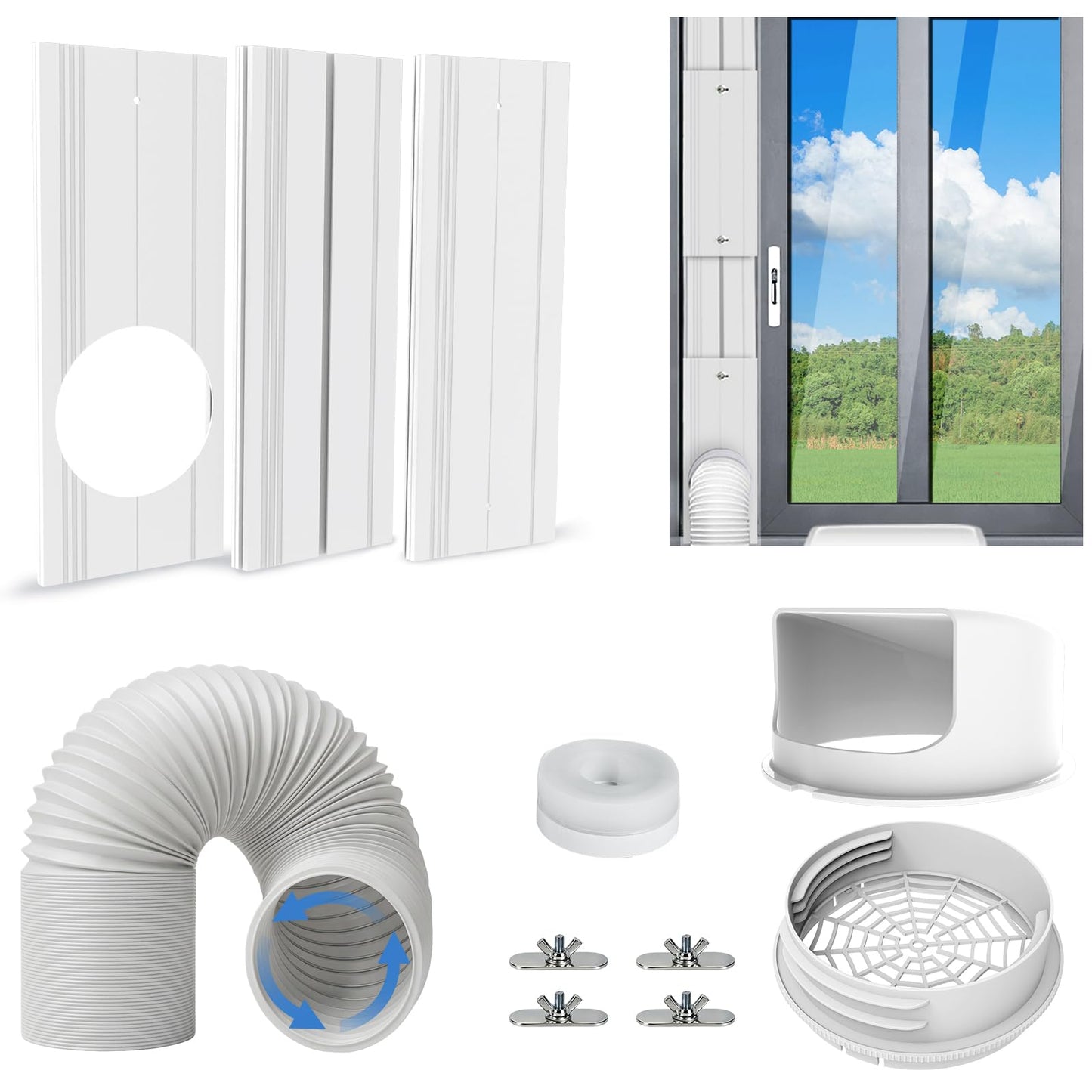 Portable Air Conditioner Window Seal Kit with 5.9" Counter-Clockwise Threaded Exhaust Hose, Portable AC Unit Window Ventilation Set with 3 Interlocking Adjustable Seal Panels