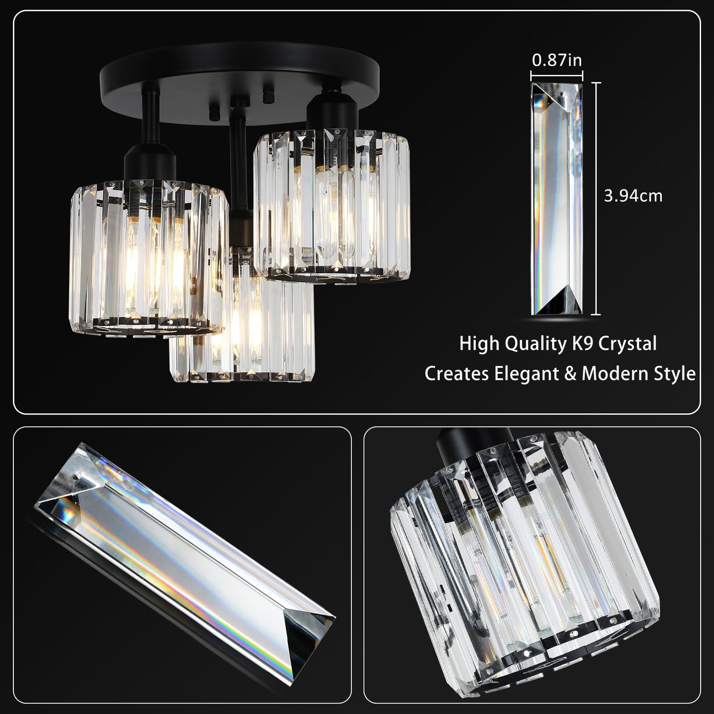 PAUFUL Crystal Semi Flush Mount Ceiling Light,3-Light Modern Close to Ceiling Light Fixtures,Black Kitchen Light Fixtures with Clear Crystal Shade,Hallway Light Fixtures for Hallway Bedroom Bathroom