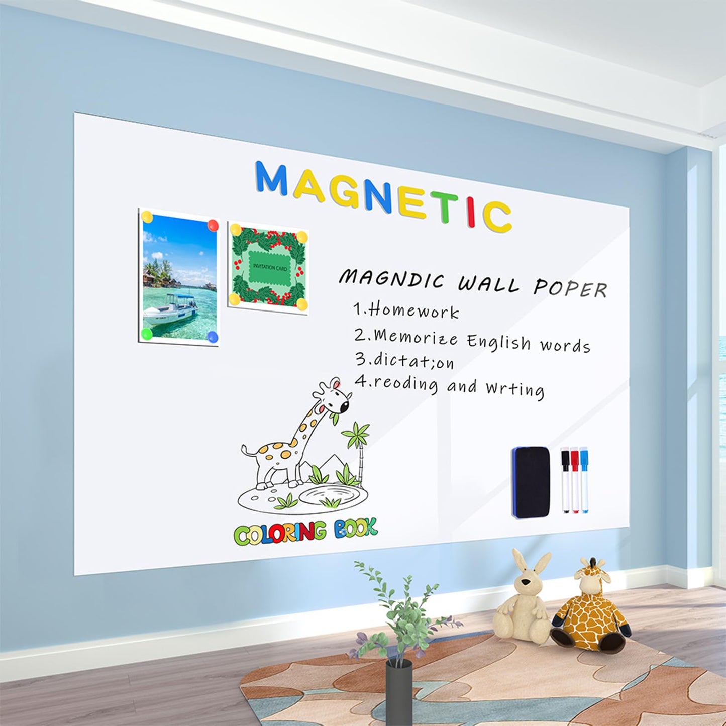 Magnetic Whiteboard Contact Paper 24" x 79" Peel and Stick Dry Erase White Board for Wall Self-Adhesive Decal Wallpaper Sticker for Office, Home, with Marker, Eraser and Magnet