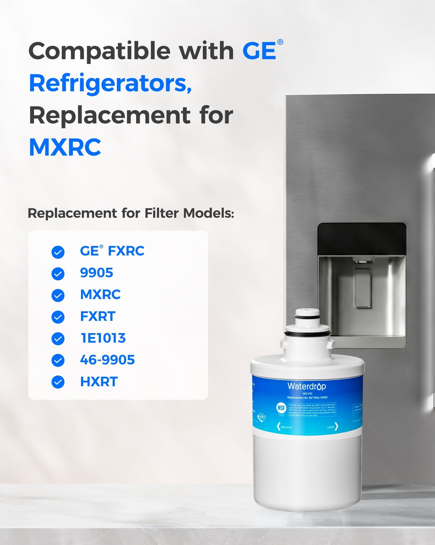 Waterdrop MXRC Replacement for GE® MXRC, FXRC, FXRT, HXRC, 9905, 46-9905 & 1E1013 Refrigerator Water Filter, 1 Pack