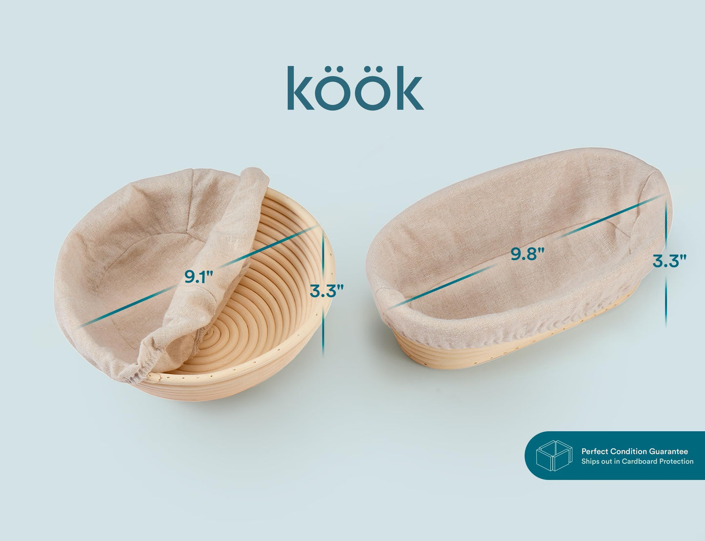 Kook Banneton Bread Proofing Set, Artisan Sourdough Bread Making Kit with Round & Oval Rattan Baskets, Liners, Dough Scrapers, Scoring Lame + Blades, Brush & Dough Cover (Set of 2)