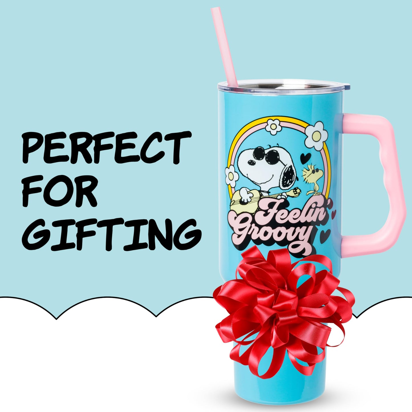 Silver Buffalo Peanuts Featuring Snoopy and Woodstock Feelin' Groovy Double Walled Stainless Steel Tumbler with Handle and Straw, Fits in Standard Cup Holder, 40 Ounces