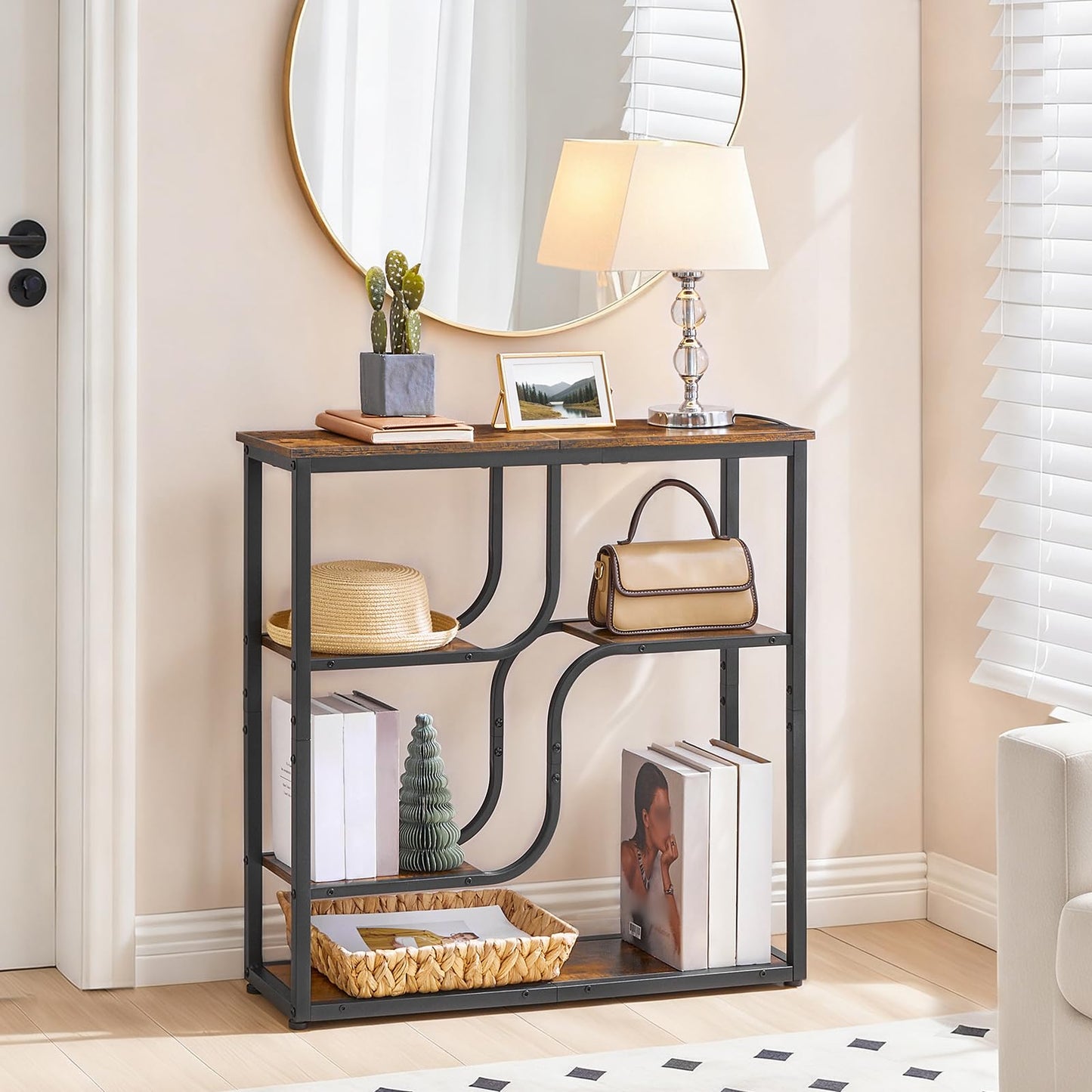 HOOBRO 29.5" Console Table, 5-Tier Narrow Entryway Table, Behind Couch Table with Storage Shelves, Sofa Table for Hallway, Living Rooms, Entryway, Rustic Brown and Black BF69XG01