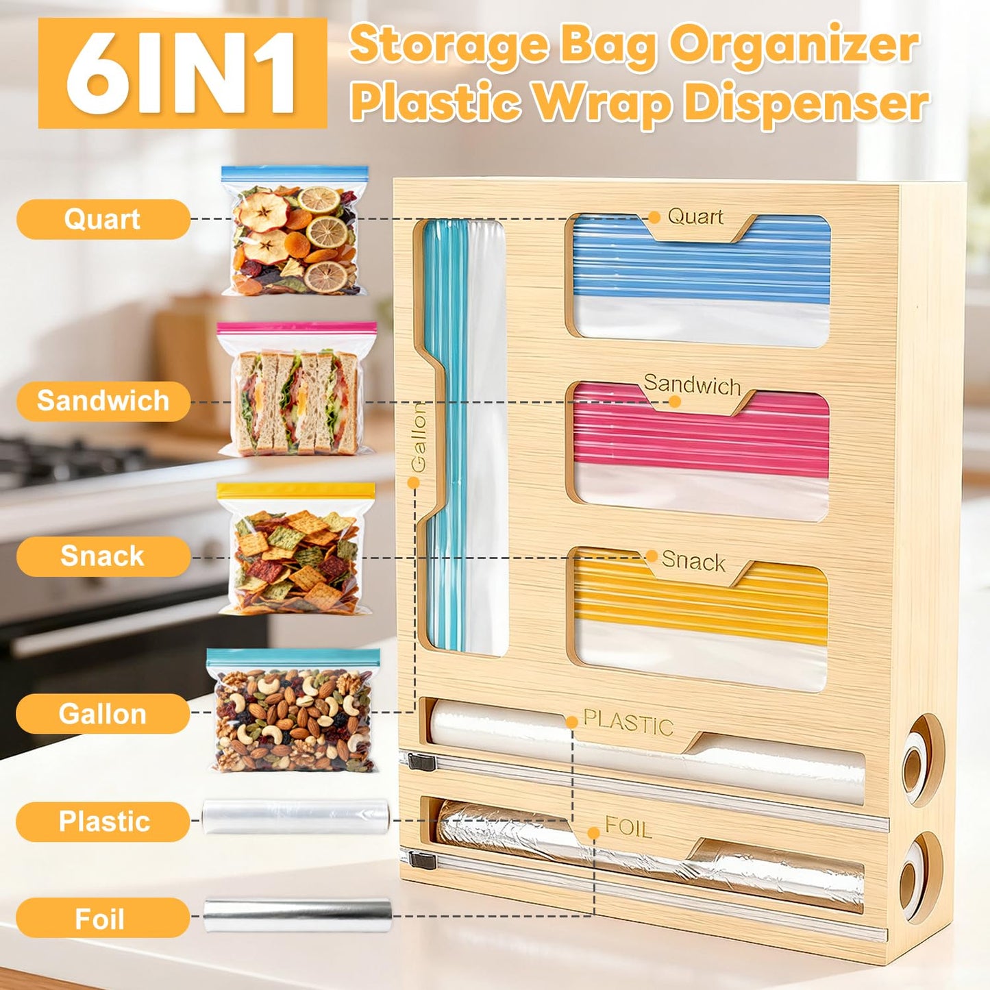 BSHSPX Magnetic Storage Bag Organizer 6 In 1 Ziplock Bag Organizer for Fridge and Drawer, Foil and Plastic Wrap Organizers with Cutter, Food Storage Bags Organizers for Gallon Quart Sandwich Snack
