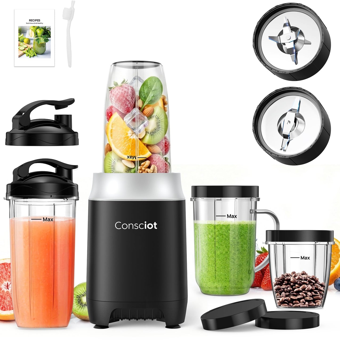 Consciot CB10 16Pcs Personal and Countertop Blender Combo, Coffee and Spice Grinder, Make Shakes and Smoothies, Frozen Drinks, Baby Food, Spreads & More, 4 Portable BPA Free To-Go Cups, 900 Peak Watt