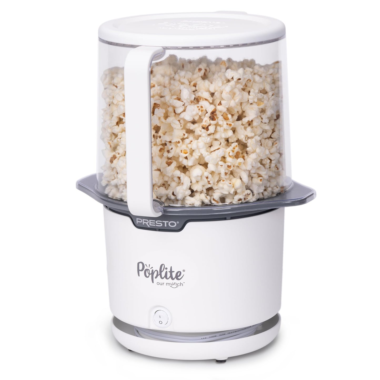 Presto 04812 PopLite Our Munch Hot Air Popcorn Popper - Family Sized, Built-In Serving Bowl, Compact Design, 15 Cups, White
