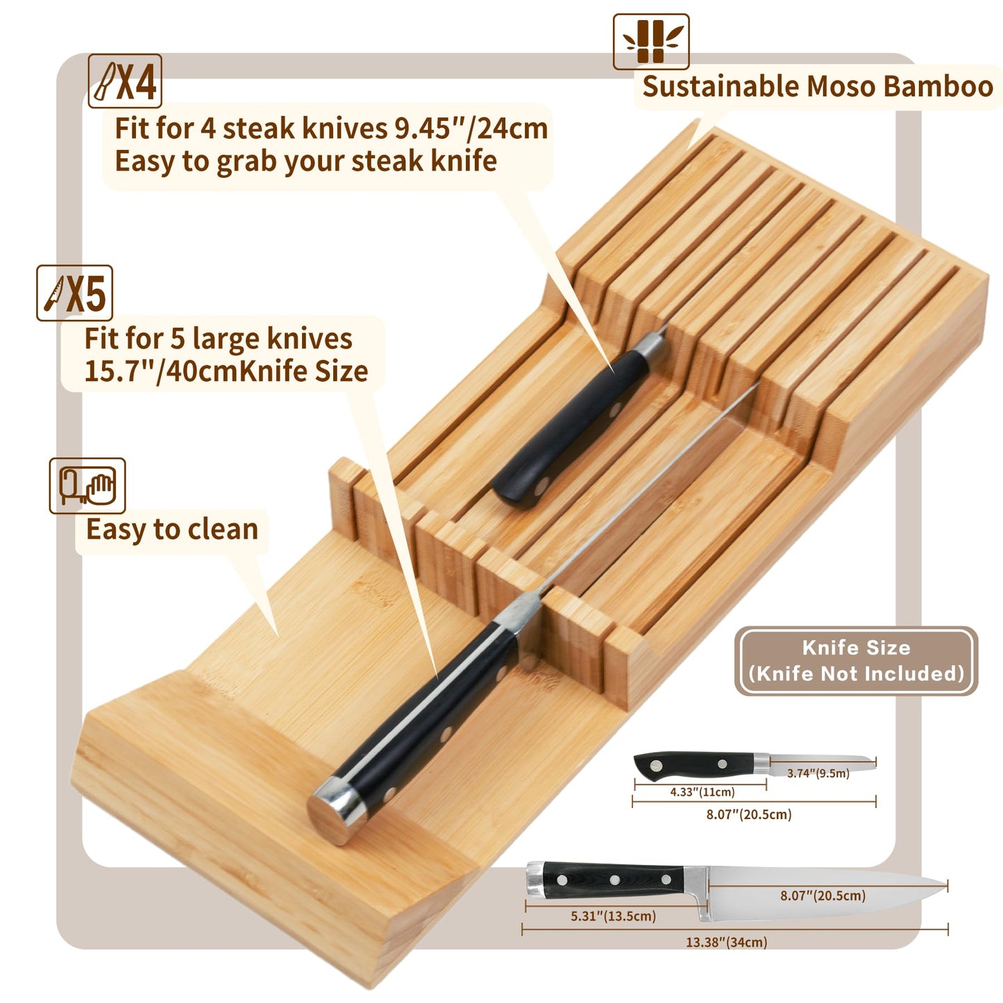 Utoplike Knife Drawer Organizer Bamboo Knives Block for Kitchen, Large Handle Steak Holder, Fit for 9 Knives (Not Included)