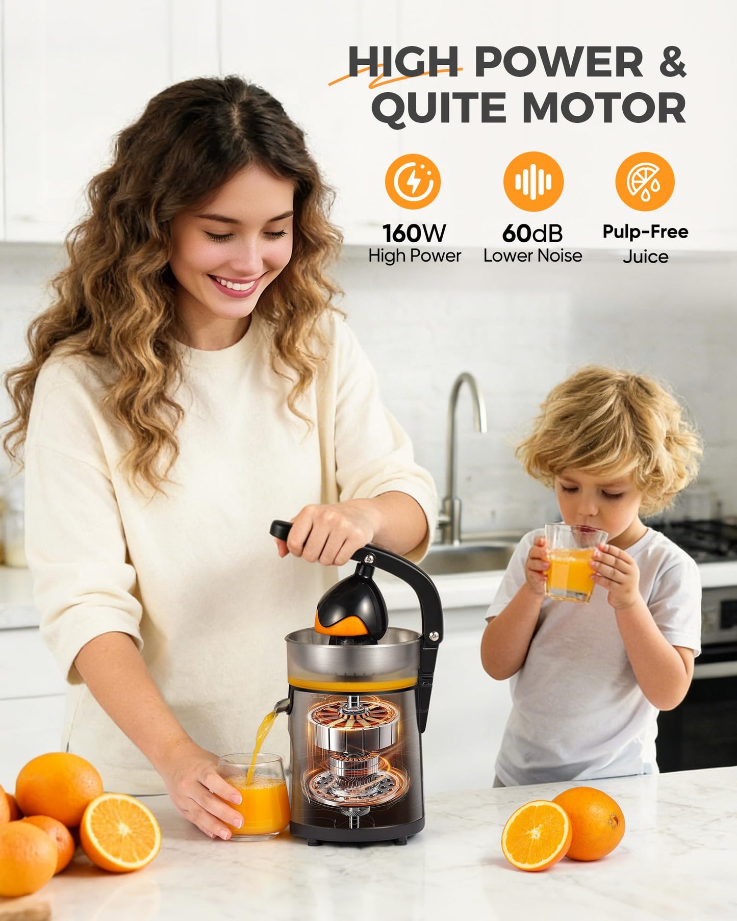 Amzpass Electric Orange Juicer, Citrus Juicer Squeezer with 2 Interchangeable Cones, 160W Electric Juicer Machine with Stainless Steel Body & Transparent Juice Collector for Lime Grapefruit Lemon