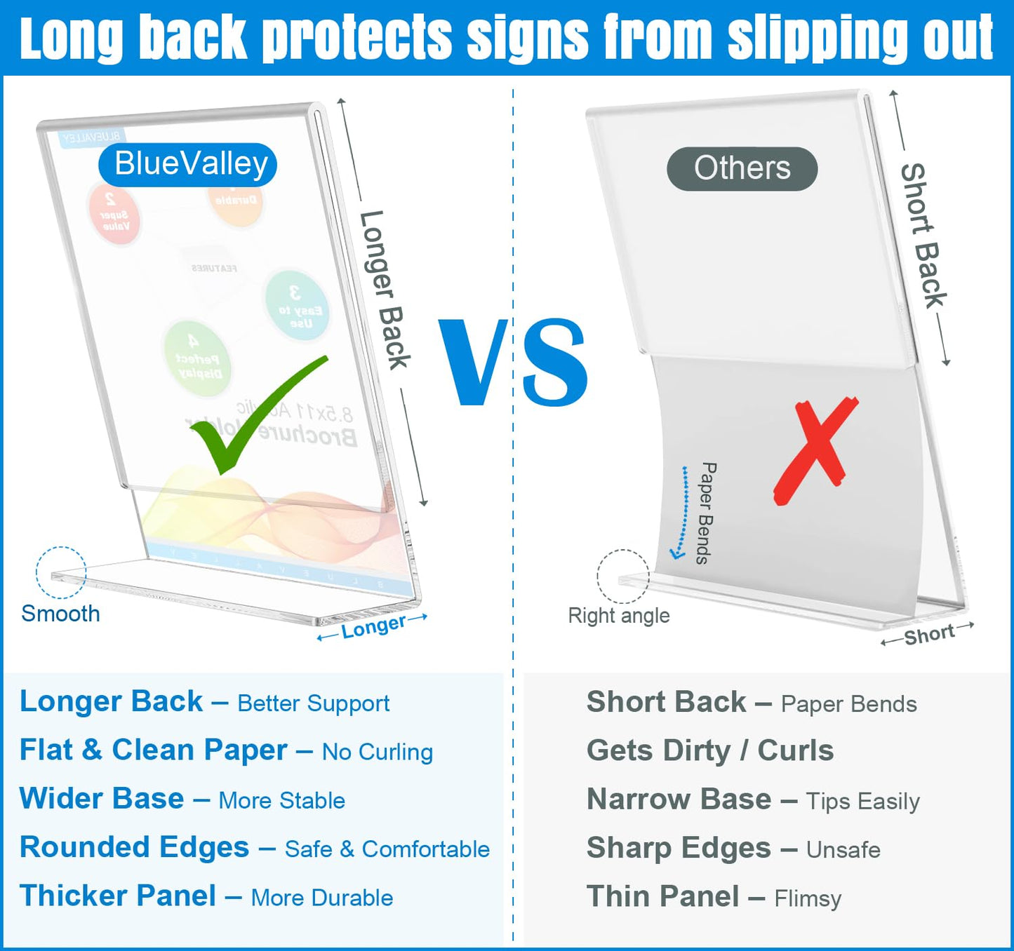 BlueValley Acrylic Sign Holder 8.5x11 Vertical - Clear Slanted Back Plastic Paper Display Stand for Menu, Flyer, Document - Table Top Sign Holder Certificate Frame for Office, Retail, Restaurant, Fairs - 12 Pack