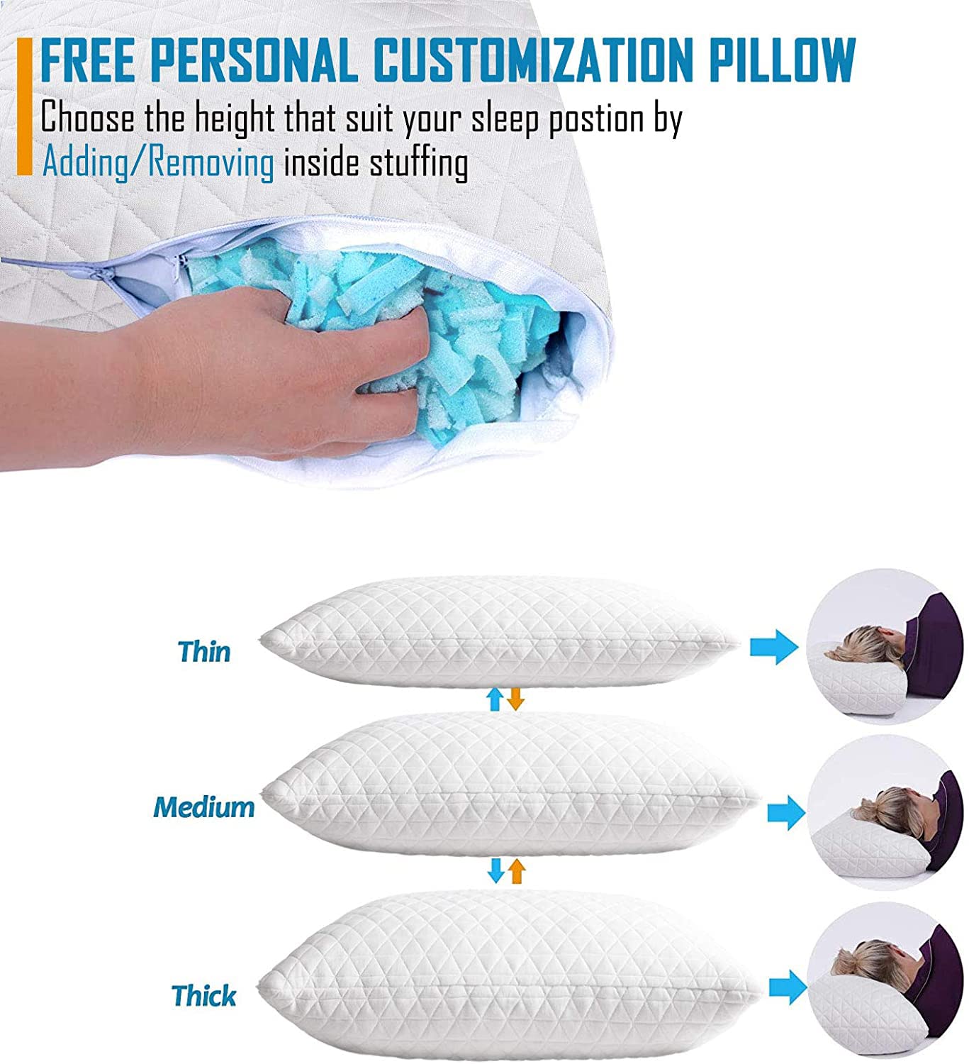 KEYOOHOME Shredded Memory Foam Pillows for Sleeping,Bed Pillows Queen Size Set of 2 Pack Cooling Adjustable,Good for Side and Back Sleeper with Washable Removable Cover