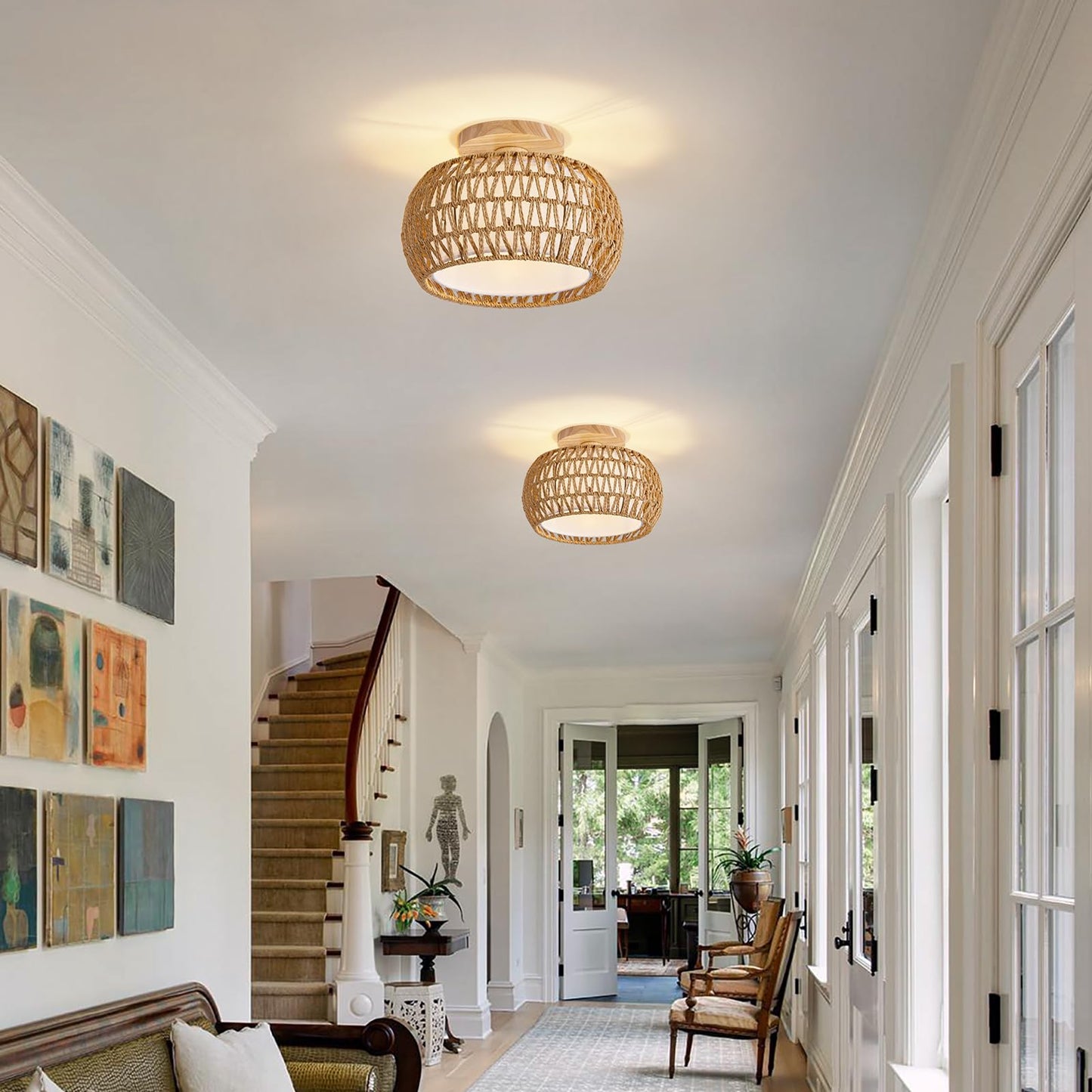 Rattan Ceiling Light Fixture，3 Style Options Boho Flush Mount Ceiling Lights, Hand-Woven Rattan Chandelier,Mini Bohemian Wicker Light Fixtures, Farmhouse Light Fixture for Bedroom Hallway Entryway
