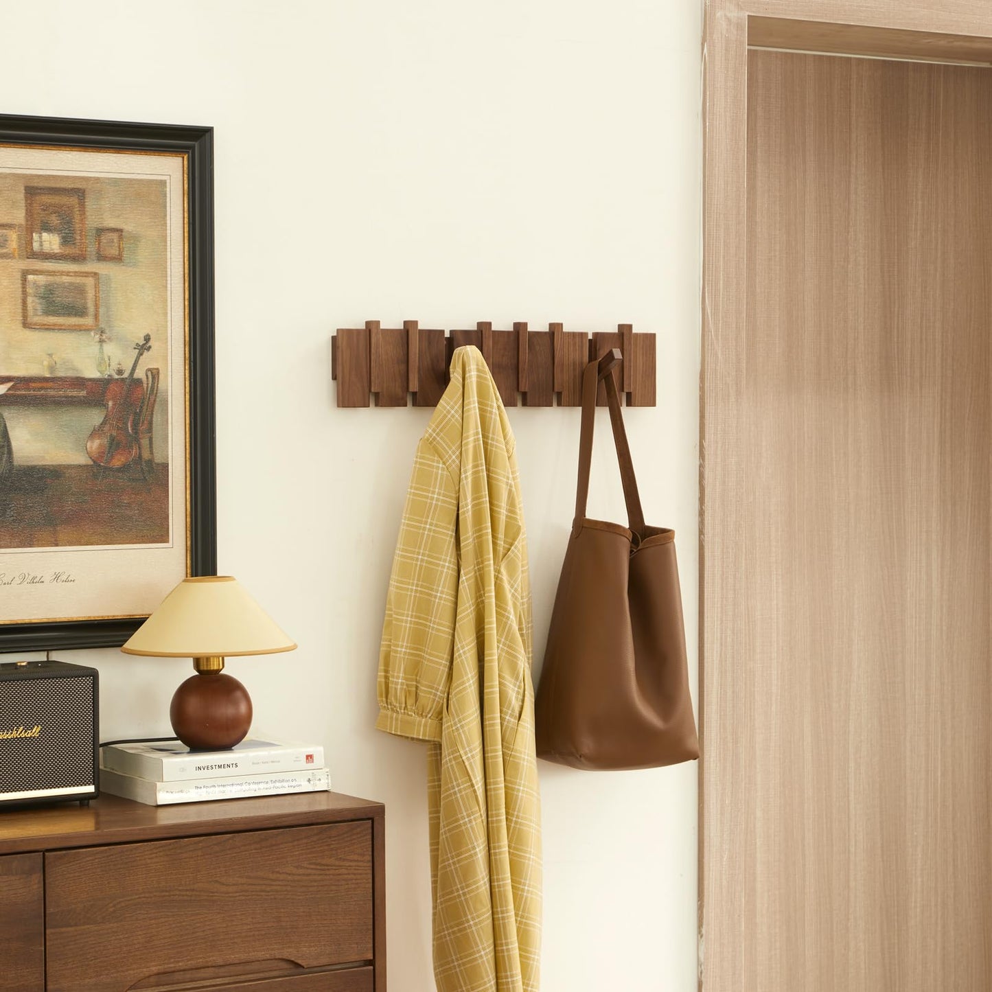 QUELLANCE Wood Coat Rack Wall Mount, Coat Hooks Hanger Wall Mounted, Heavy Duty Wall Coat Rack with 6 Hooks for Hanging Coats/Keys/Hats/Robe&Towels/Plants/Bags, Walnut