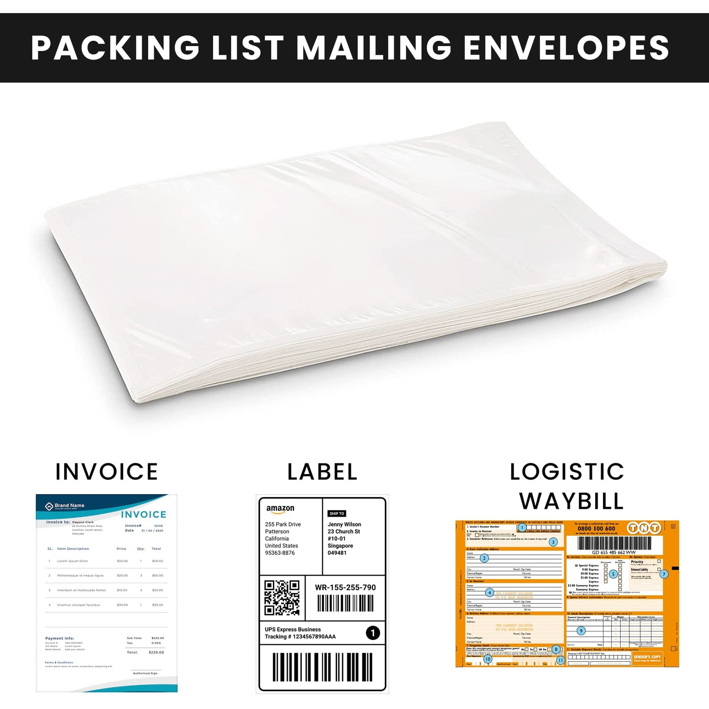 SLIPISH Shipping Label Sleeves 500Pcs, 7.5x5.5 Inches - Packing Slip Envelope Pouches with Self-Adhesive Peel & Seal - Clear Plastic & Waterproof Envelopes Ideal for Invoices & Packaging.