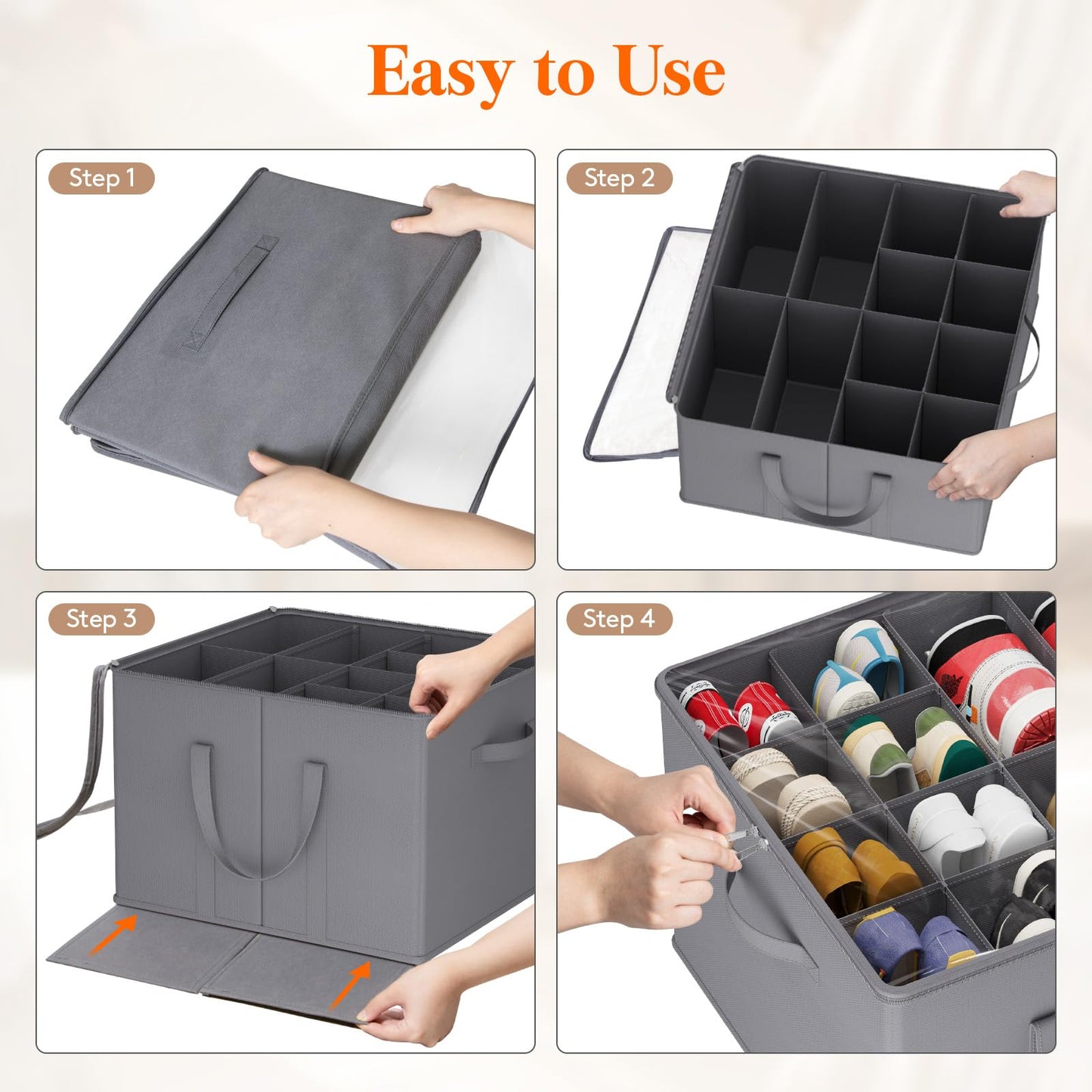 Lifewit Shoe Storage Organizer for Closet, Fabric Large Shoe Box Storage Containers with Clear Cover, Foldable Bins for Boots Heels Sneakers Fits 24-32 Pairs (Each 12-16 Pairs) 2 Pack Gray