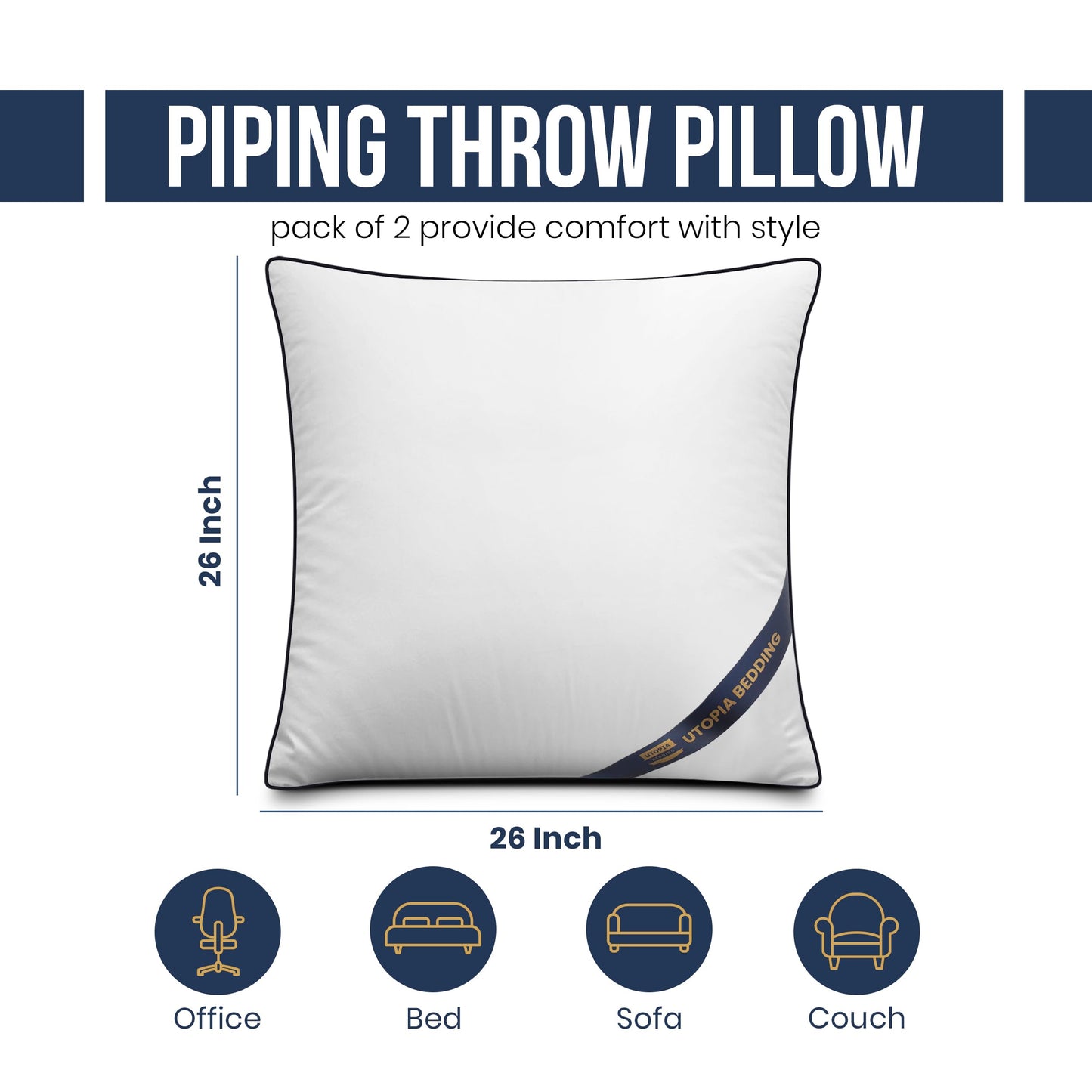 Utopia Bedding Throw Pillow Inserts (Pack of 2, White), 26 x 26 Inches Decorative Indoor Pillows for Sofa, Bed, Couch, Cushion Sham Stuffer