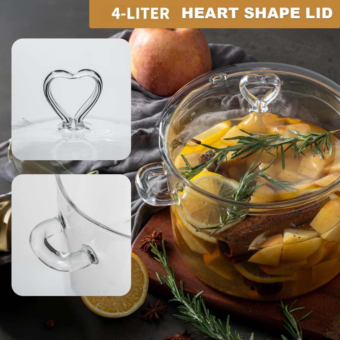 4L Glass Cooking Pot with Heart-shaped Lid, 4.2Qt/4000ml, Heat Resistant, High Thermal Conductivity Reduces Energy Use, Dishwasher Oven Gas Electric Stove Safe,for Potpourri,Soups,Pasta
