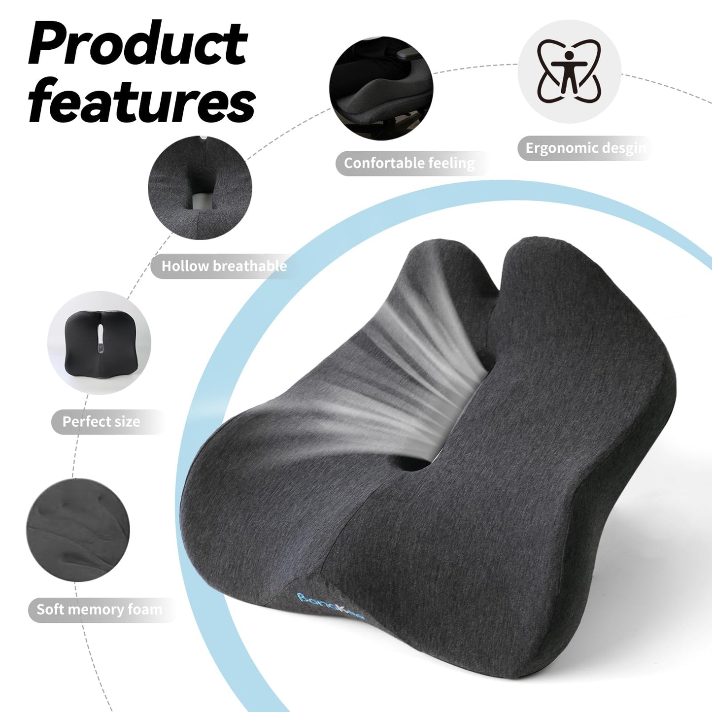Bangkee 18x16 Inch Memory Foam Seat Cushion for Office Chair, Car & Travel, Ergonomic Chair Cushions for Long Sitting, Thick Supportive Seat Pad with Non-Slip Bottom, Washable Cover, Black