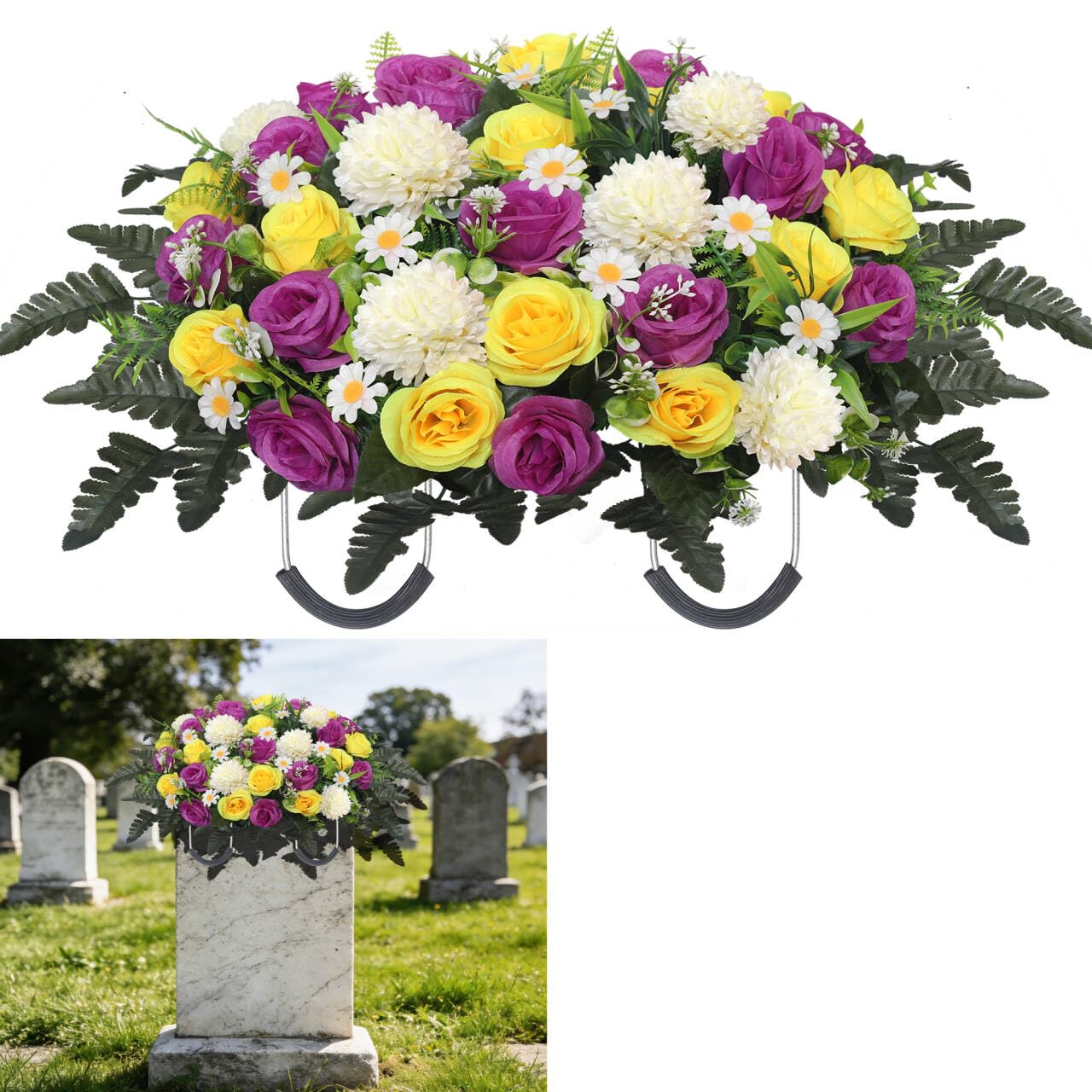 Wocst Headstone Flower Saddle,Large Artificial Cemetery Flowers for Grave Roses & Chrysanthemums Cemetery Memorial Flowers for Outdoor Grave Decorations (Purple)