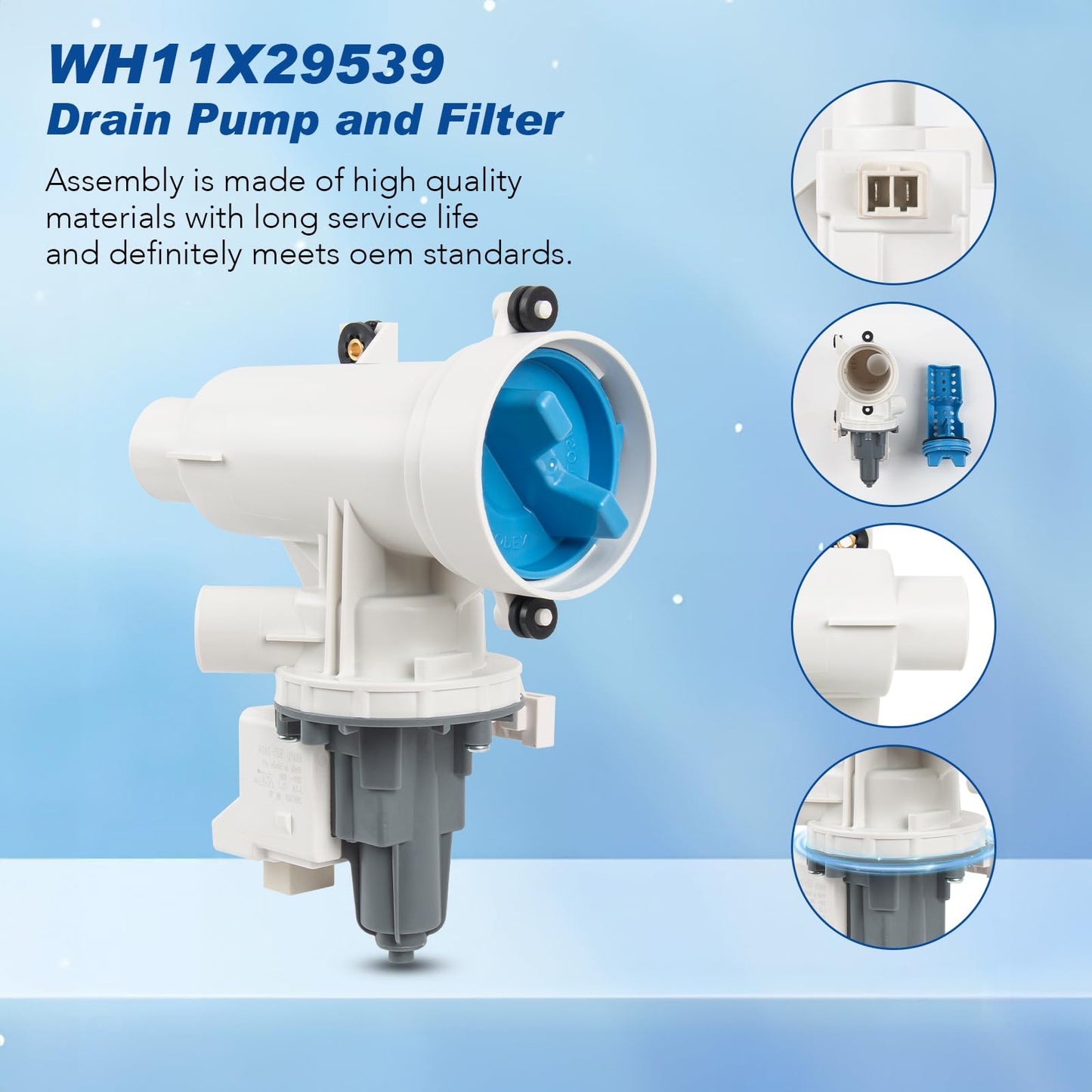 WH11X29539 GE Washer Drain Pump Assembly and Filter | Washing Machine Drain Pump