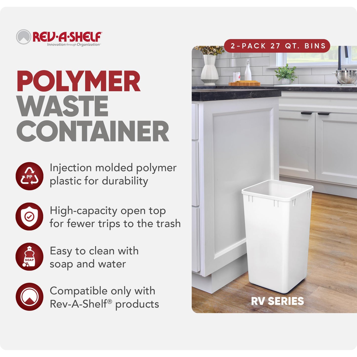 Rev-A-Shelf 27 qt Polymer Replacement Waste Container for Rev-A-Shelf Pullouts, Kitchen Cabinet Trash Can Recycle Bin, RV-1024-11-2, White (2-Pack)