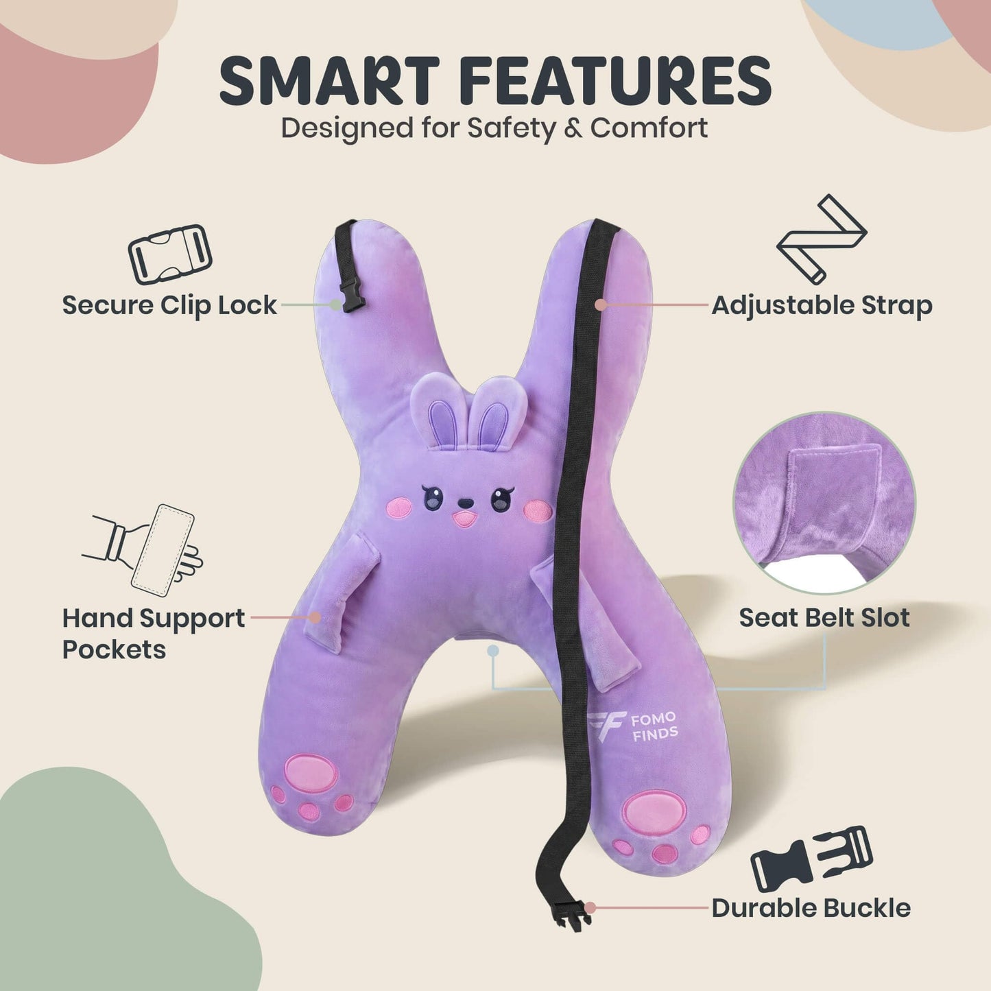 FOMO Finds Kids Car Sleeping Pillow - X-Shaped Plush Animal for Neck & Back Support - Hands & Seat Belt Slot - Machine Washable & Compressible - Perfect for Car, Plane, Train, Boat & More - Purple