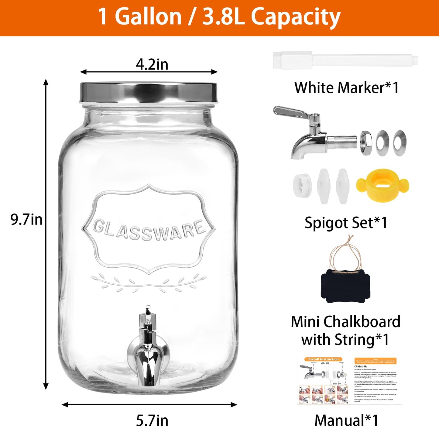 Moretoes 1 Gallon Glass Drinks Dispenser for Parties, Beverage Dispenser for Juice and Iced Tea, Airtight Sun Tea Glass Jar for Outside, Party Essential Beverage Pitcher with Spout