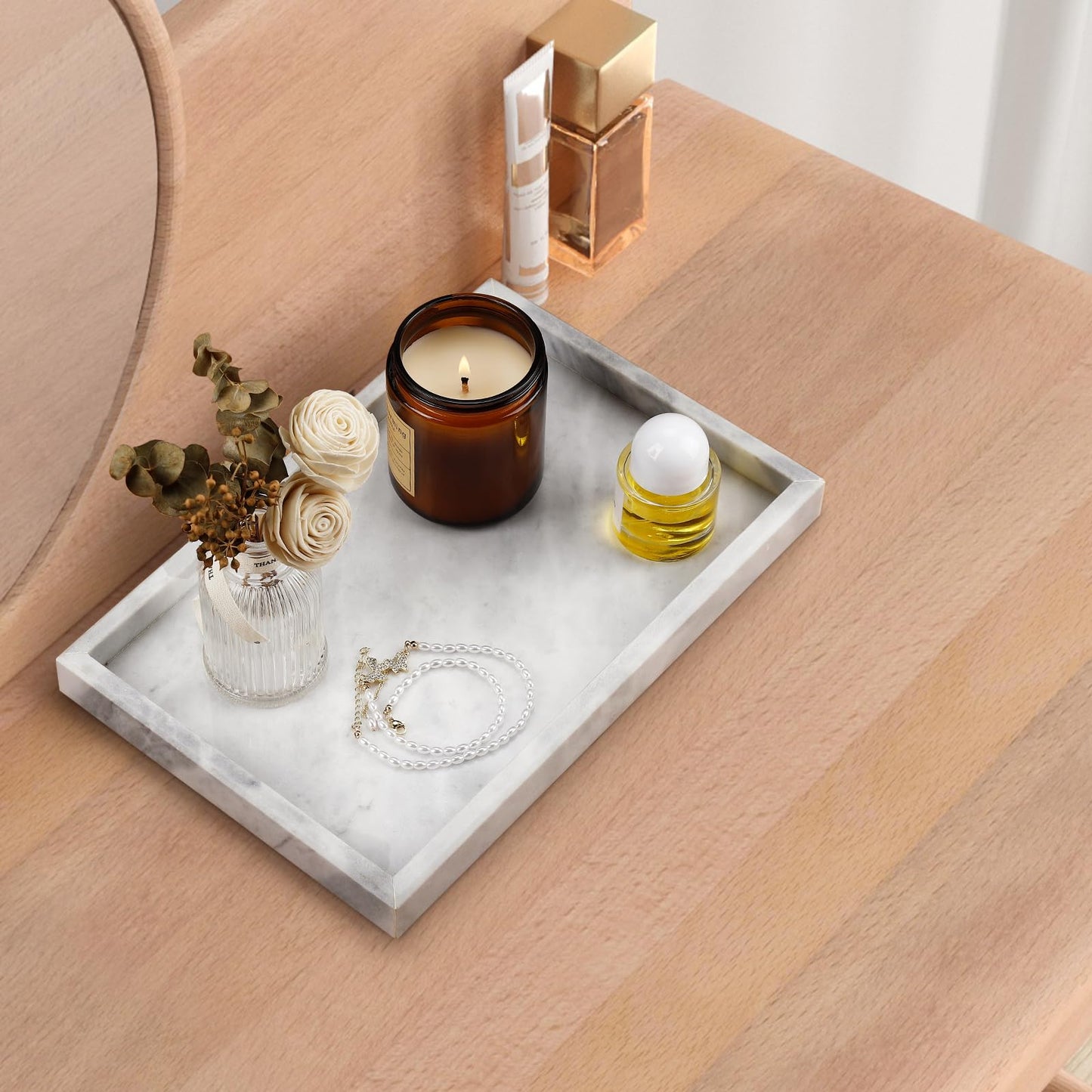 Zilukar Real Natural Marble Tray for Bathroom, Vanity, Kitchen and Desktop, Rectangle Genuine Marble Stone Tray for Jewelry, Cosmetics, Candles, Lotion, Perfume and Home Decor