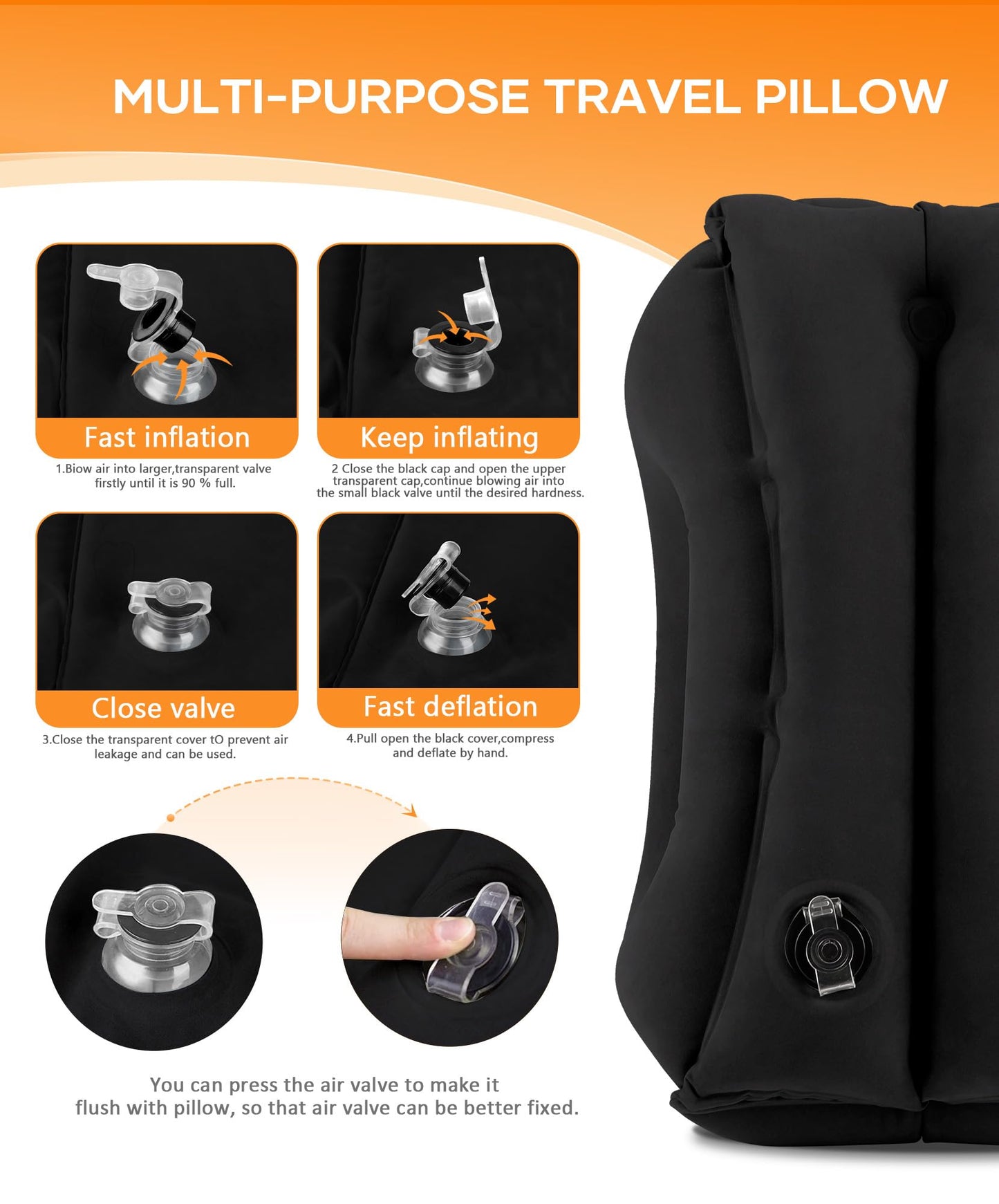 Sunany Travel Pillow, Upgraded Plane Pillow for Long Flights, Inflatable Neck Pillow Used for Airplanes,Cars,Buses,Trains,Office Napping with Eye Mask,Earplugs (Black)