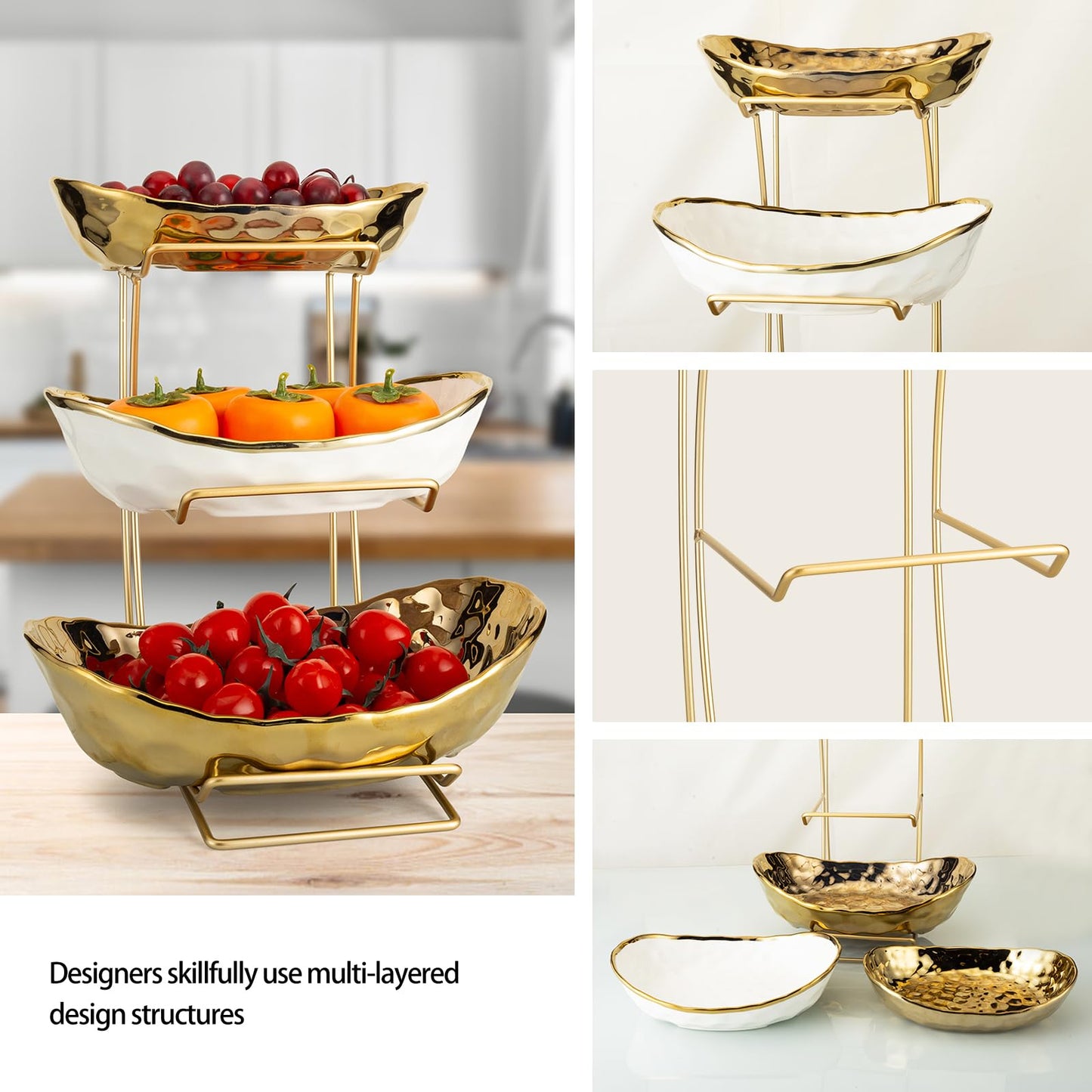 YYW 3 Tier Fruit Bowl for Kitchen Counter, White Gold Ceramic Fruit Stand for Countertop, Home Fruit Rack with Holder, Vegetable Bowl Snacks Nuts Bread Candy Storage (Gold)