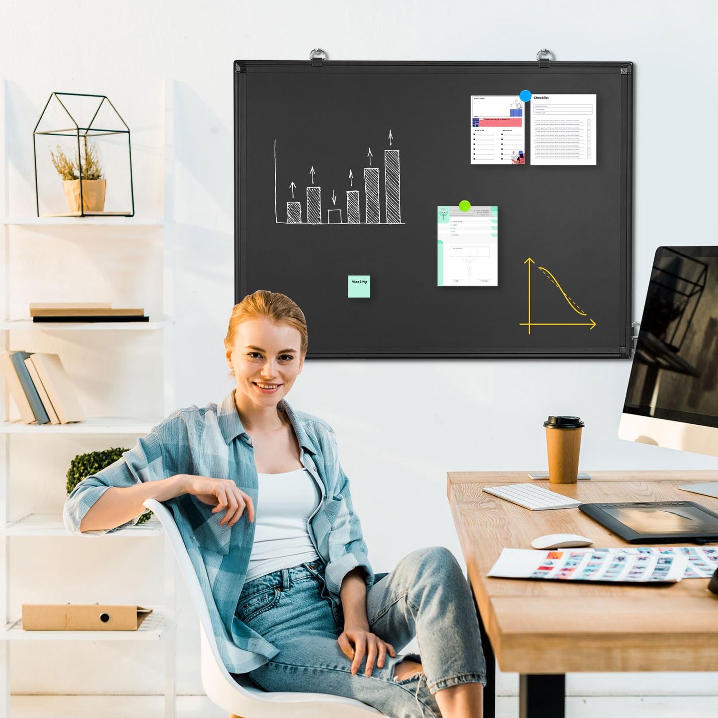 Magnetic Chalk Board, 36“x24” Black Chalkboard Double-Sided Dry Erase Board Magnetic Blackboard for Wall, Black Framed Small Chalk Board Home, School, Office, Kitchen