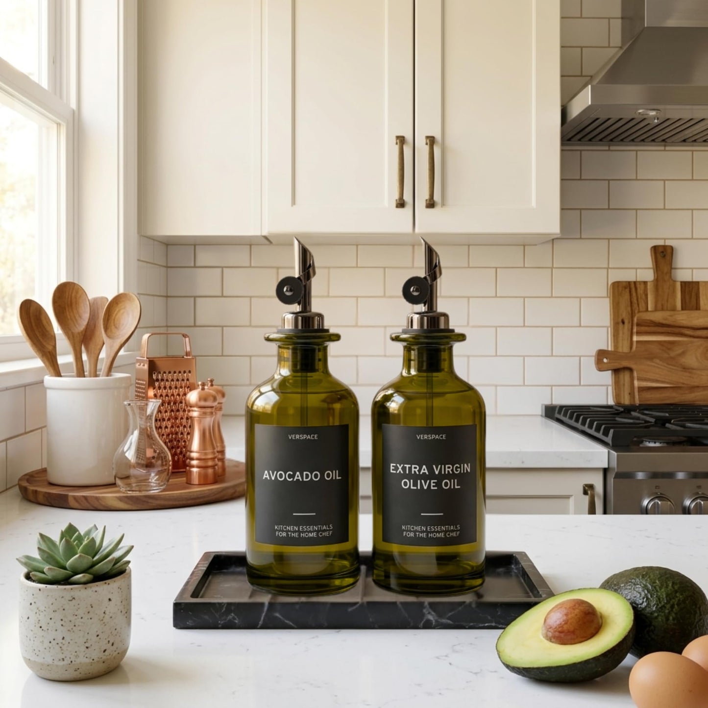 Verspace UV-Protected Green Glass Olive Oil Dispenser Bottles For Kitchen - 2 Pack - 12oz Includes 40 Kitchen Essential Labels, Avocado Oil Dispenser Set, Modern Decor for Home, Airbnb, Cafe