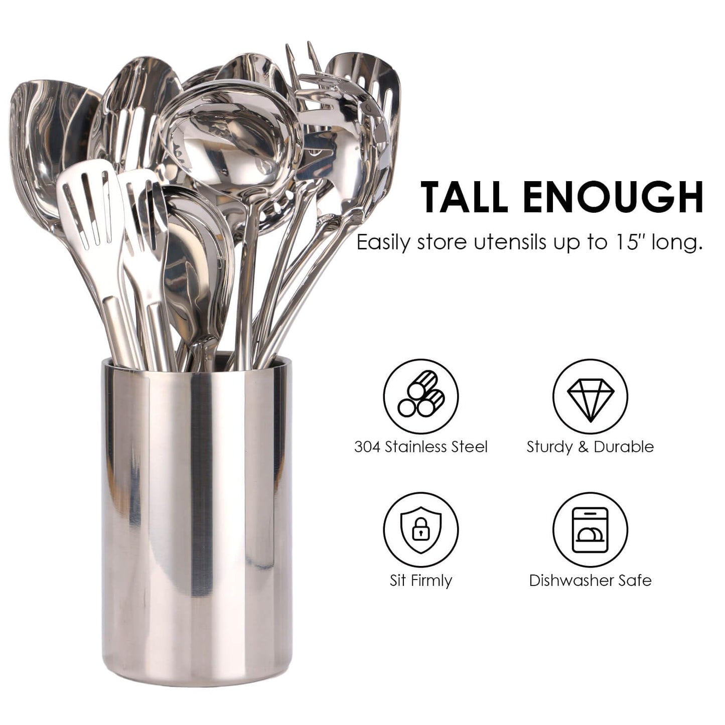 Double Wall Utensil Holder - 304 Stainless Steel Sleek Kitchen Utensil Holder for Countertop, Spatula Spoon Storage Organizer, Large Cooking Utensil Caddy Counter, Shining Utensil Crock, Mirror Polish