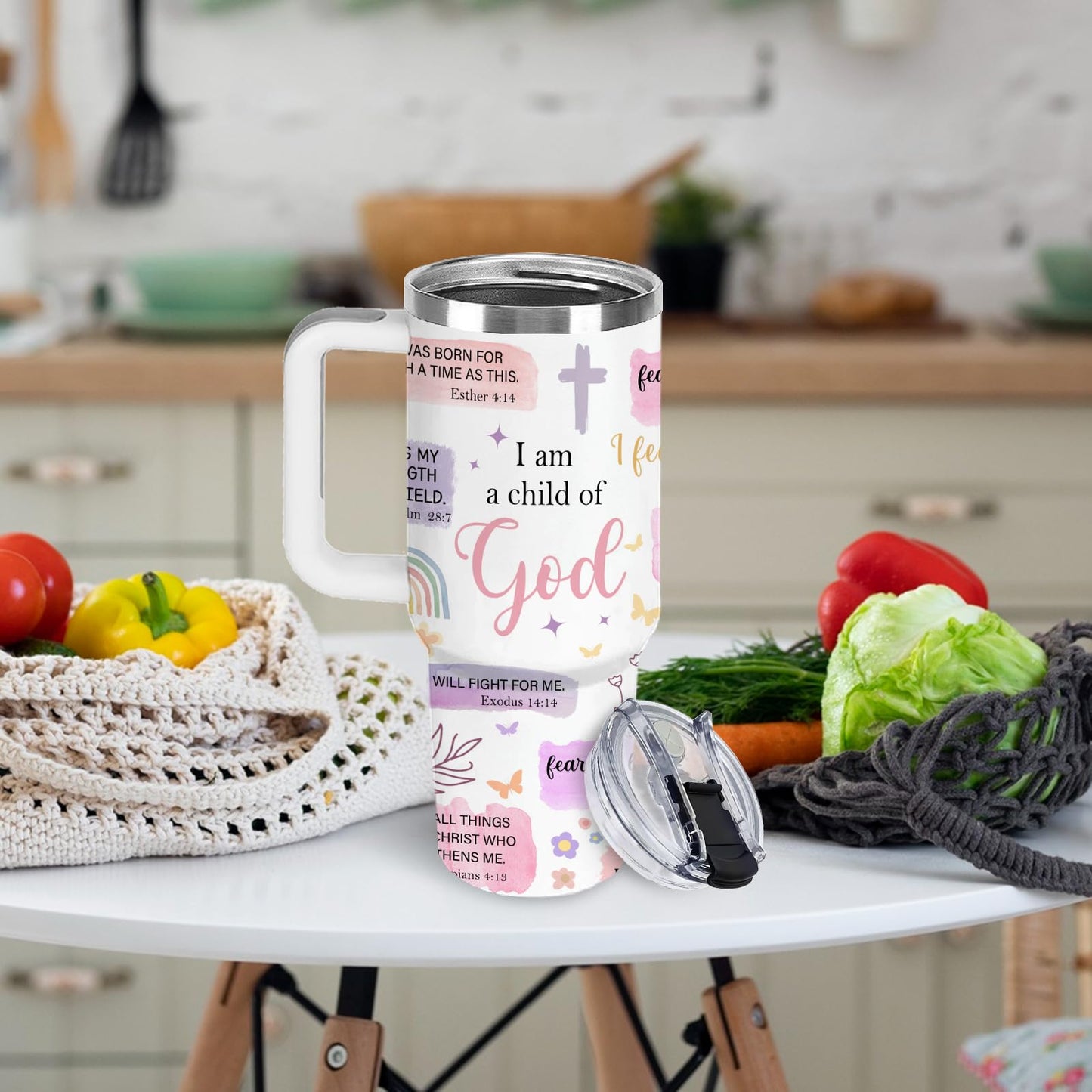 Christian Gifts for Women 40oz Tumbler - I Am a Child of God Insulated Travel Mug with Handle & Straw - Birthday Christmas Gift, Inspirational Religious Catholic Baptism Confirmation Gift for Her