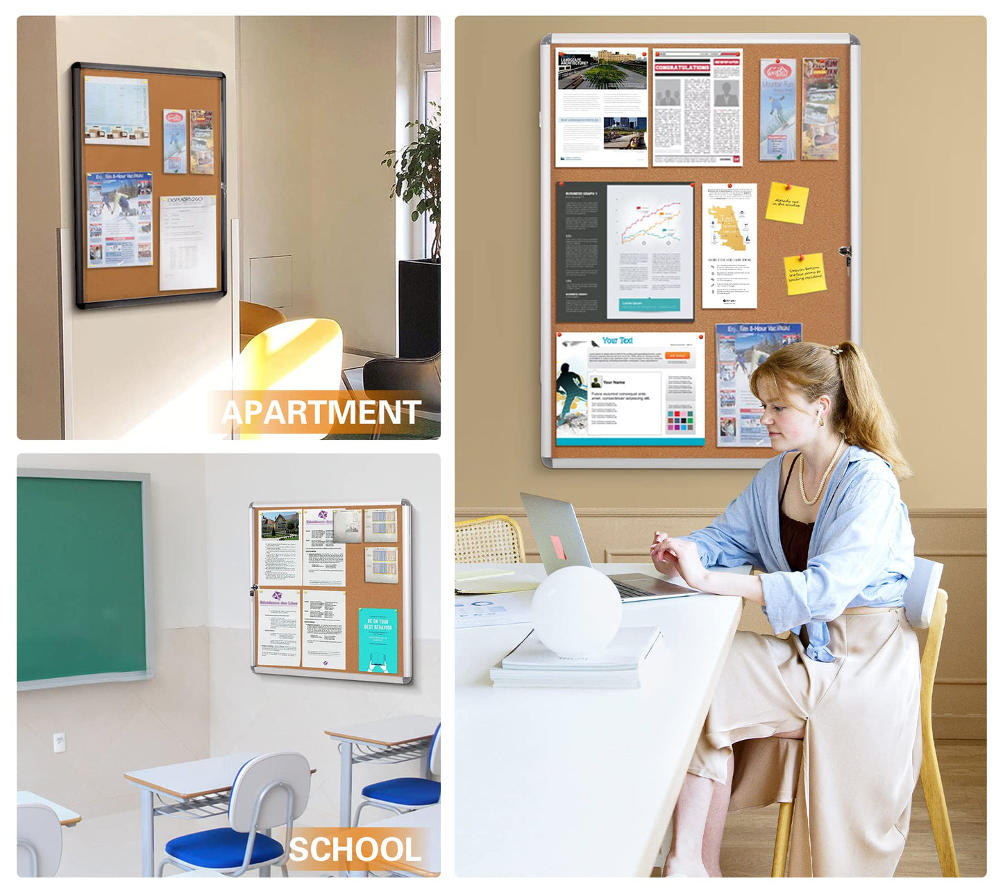 SWANCROWN Enclosed Bulletin Board,Lockable Cork Noticeboard for School Office,Wall Display Case with Lock 20"x14"(2xA4)