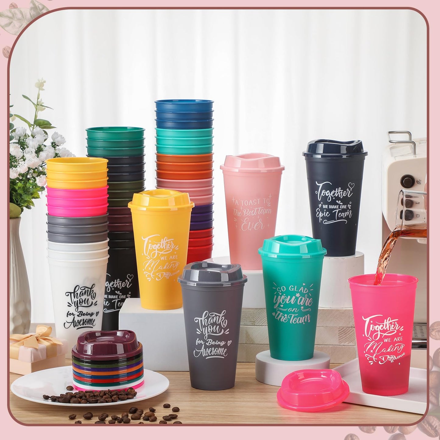Pickmesh 60 Pcs Employee Appreciation Gifts Bulk Cna Week 16 oz Plastic Tumblers with Lids Graduation Teacher Appreciation Gifts Reusable Coffee Cups for Staff Volunteer Coworker Team (Colorful)