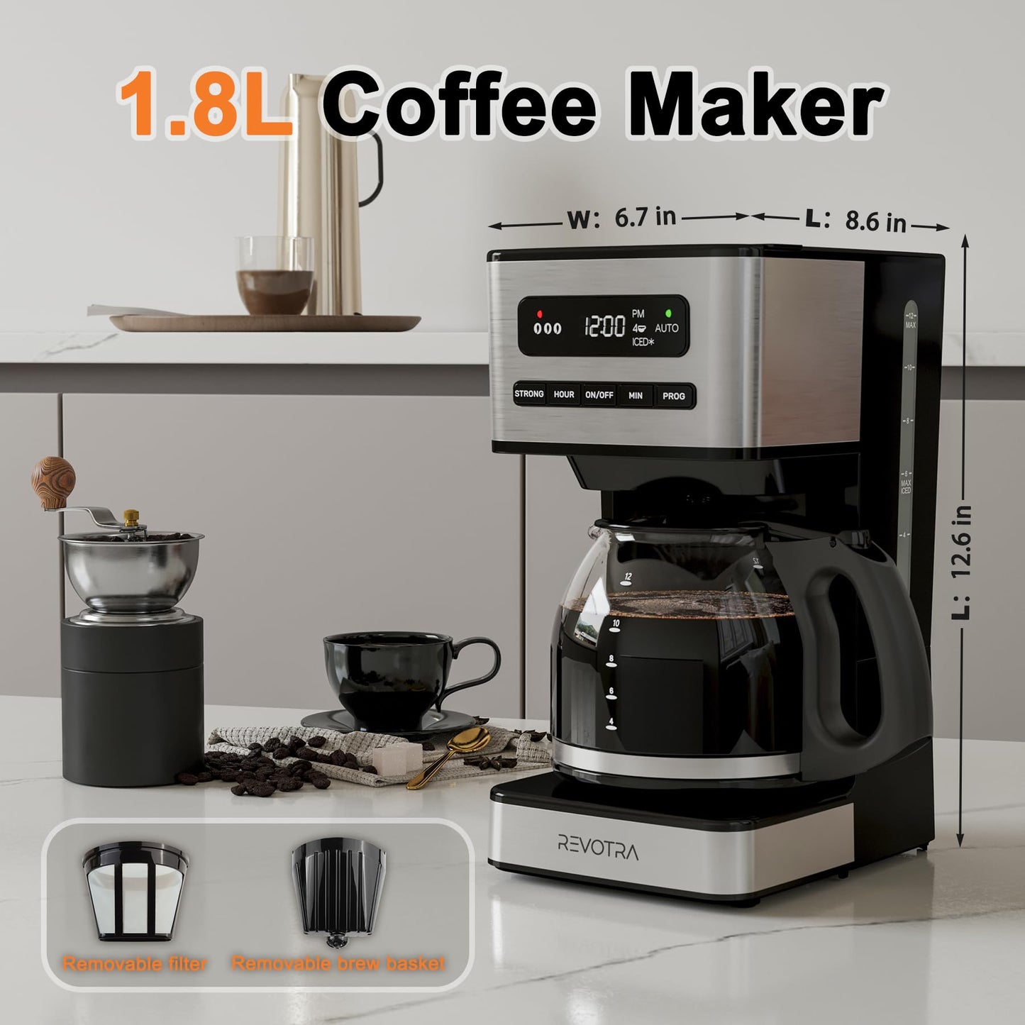REVOTRA 12 Cup Programmable Coffee Maker, Hot and Iced Coffee Makers, Regular & Strong Brew Drip Coffee Machine, 1-4 Cup, 24H Timer, Auto Shut-Off, Keep Warm, Pause & Serve