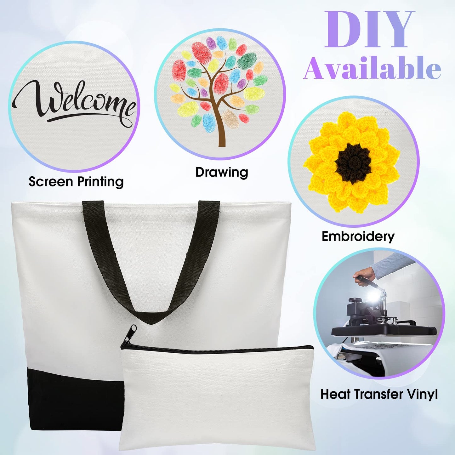 Wesiti 28 Piece Blank Canvas Tote and Makeup Bag Bulk Plain Cotton Tote with Handle Cosmetic Pouch with Zipper Reusable Grocery Bag for DIY Sublimation Embroidery Craft Wedding Christmas Gift
