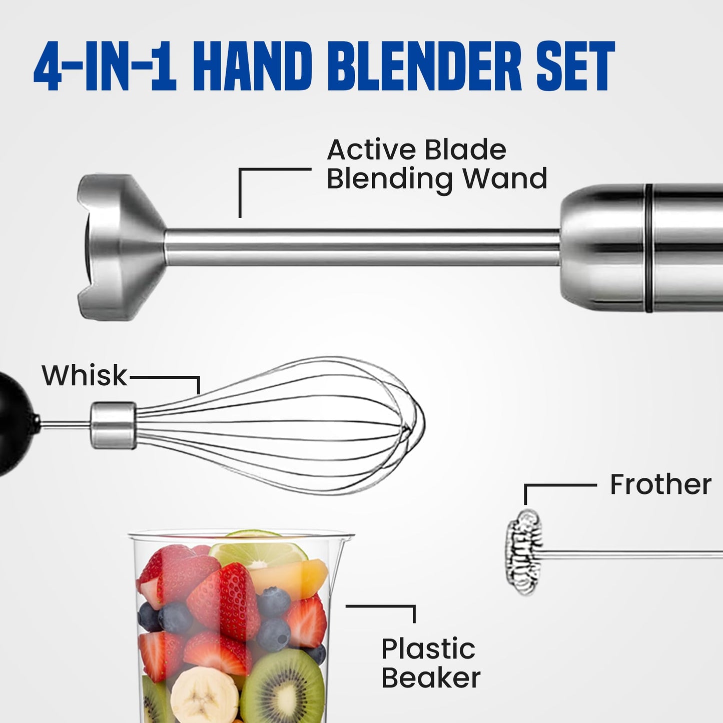 TEGH 4-in-1 Immersion Hand Blender Set - 800W Powerful Stainless Steel Stick Blender with Whisk, Chopper and Beaker - 8-Speed Handheld Blender for Smoothies, Soup, Baby Food and Puree