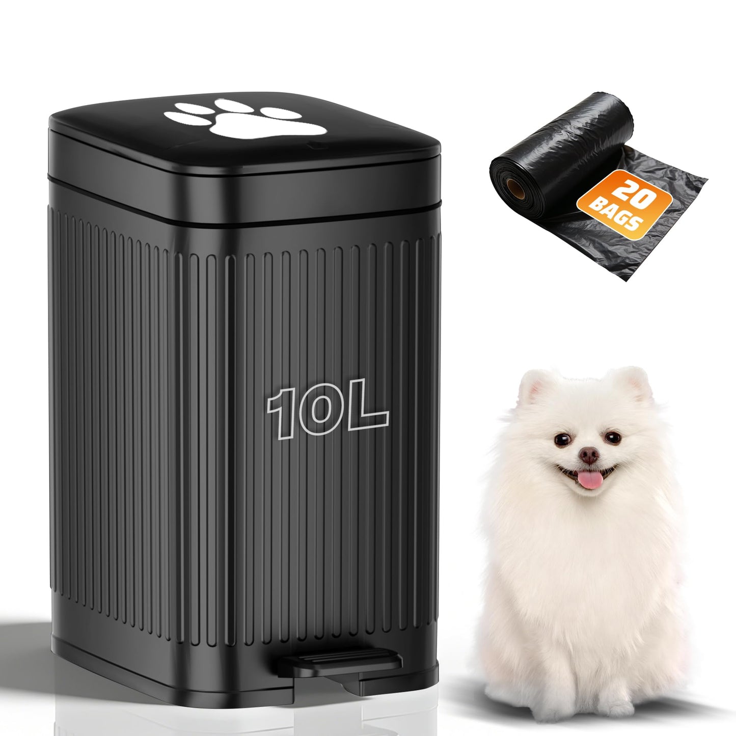 Hahomei Dog Poop Trash Can Outside, 2.7Gal Dog Waste Trash Can with Lid, Foot Pedal, Dog Waste Container with 20 Bags, Pet Poop Bucket with Soft Close for Backyard Odor Control, Black